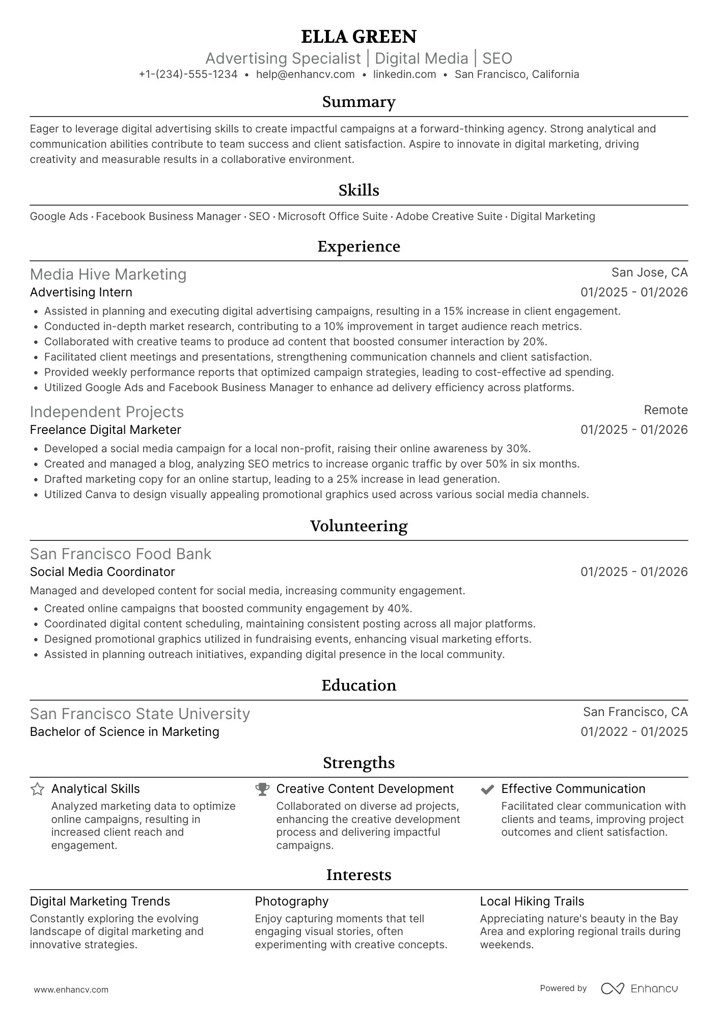 A resume example of a Entry Level Advertising Specialist