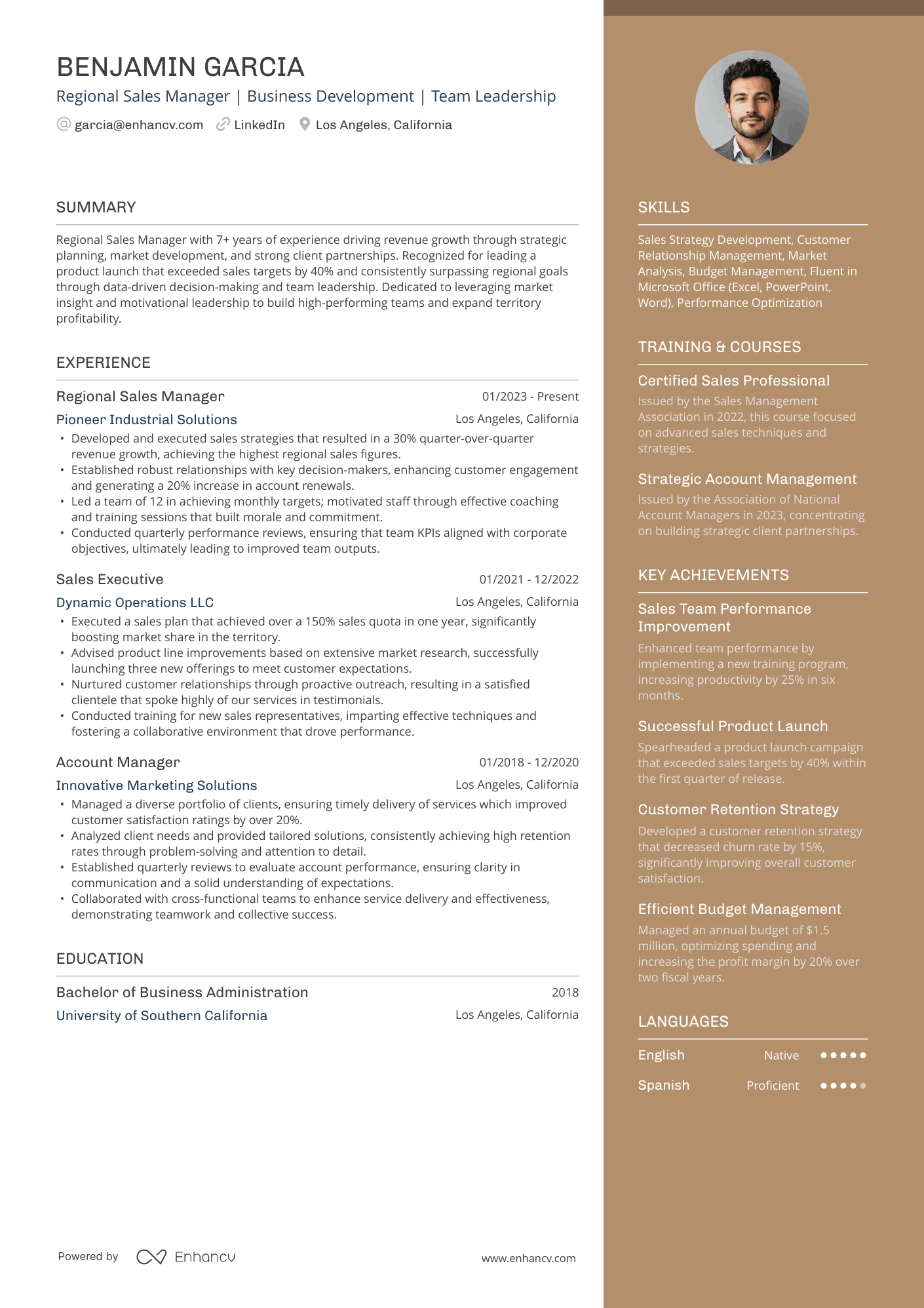 A resume example of a Regional Sales Manager
