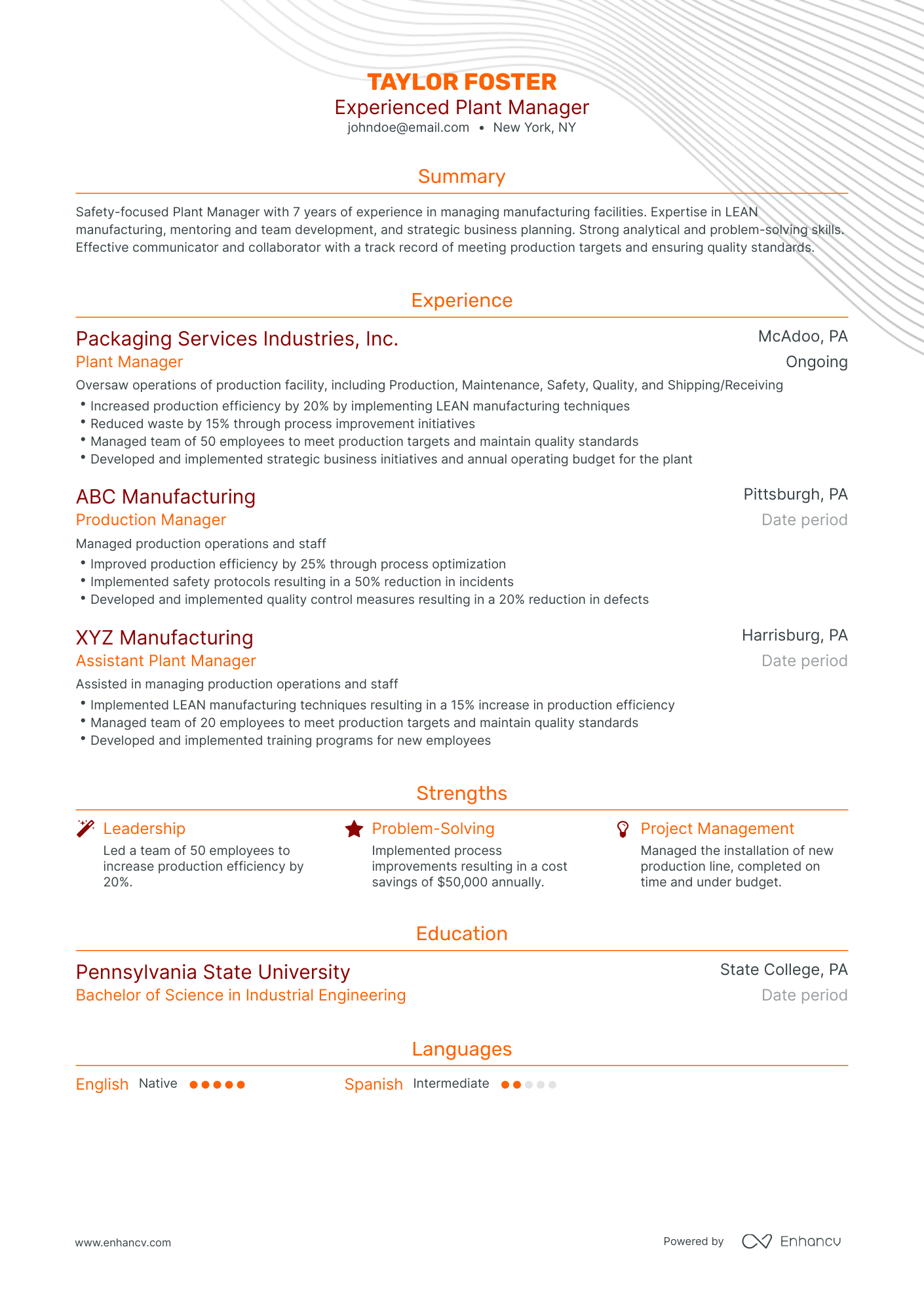 Traditional Plant Manager Resume Template