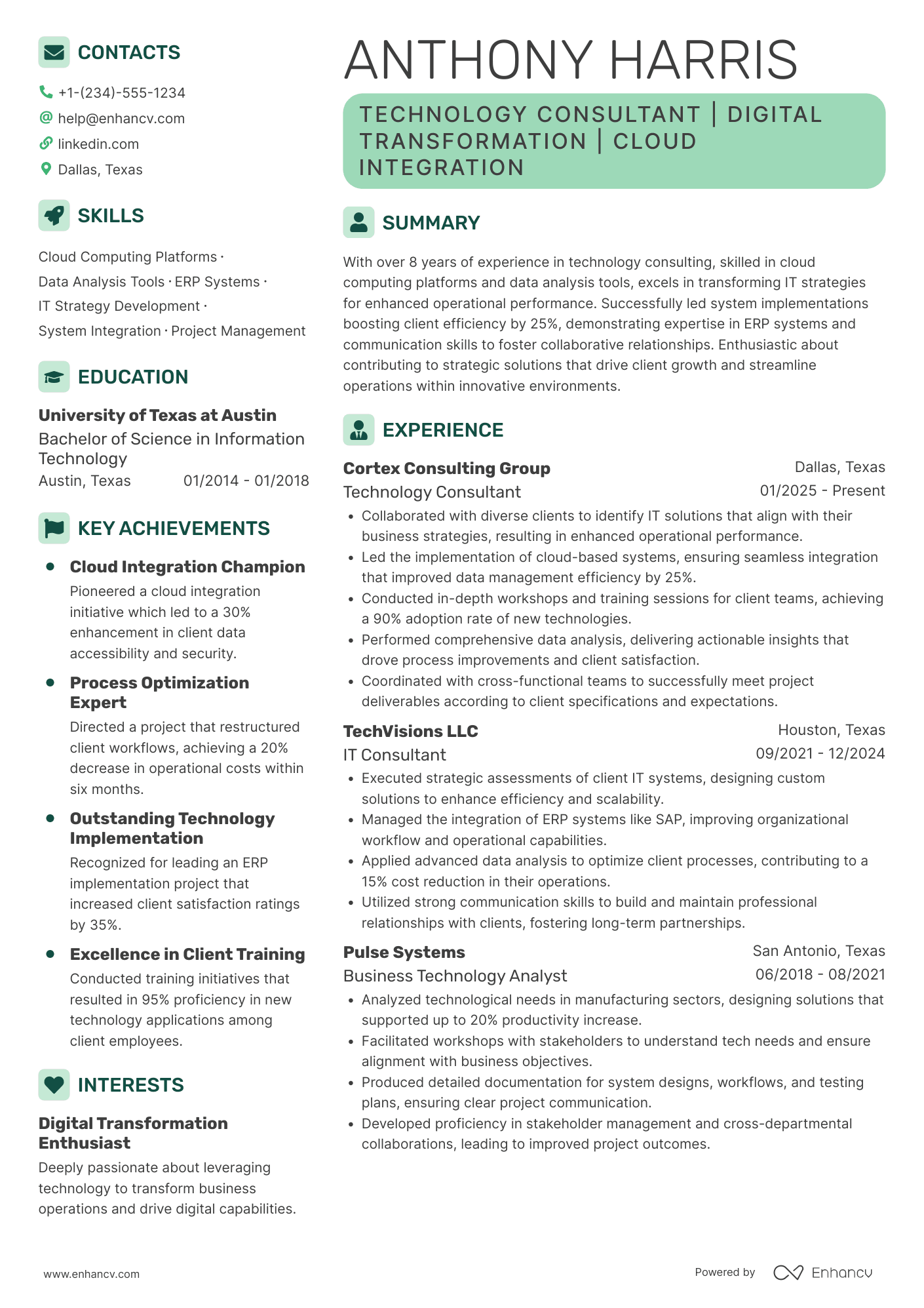 A resume example of a PwC Technology Consultant