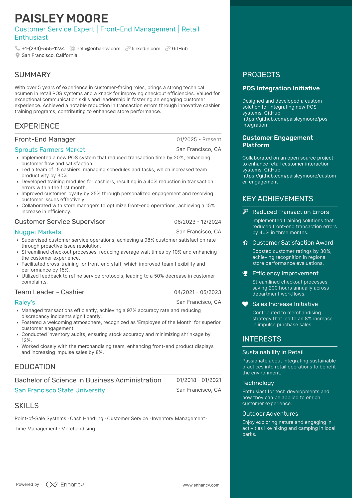 A resume example of a Front End Cashier