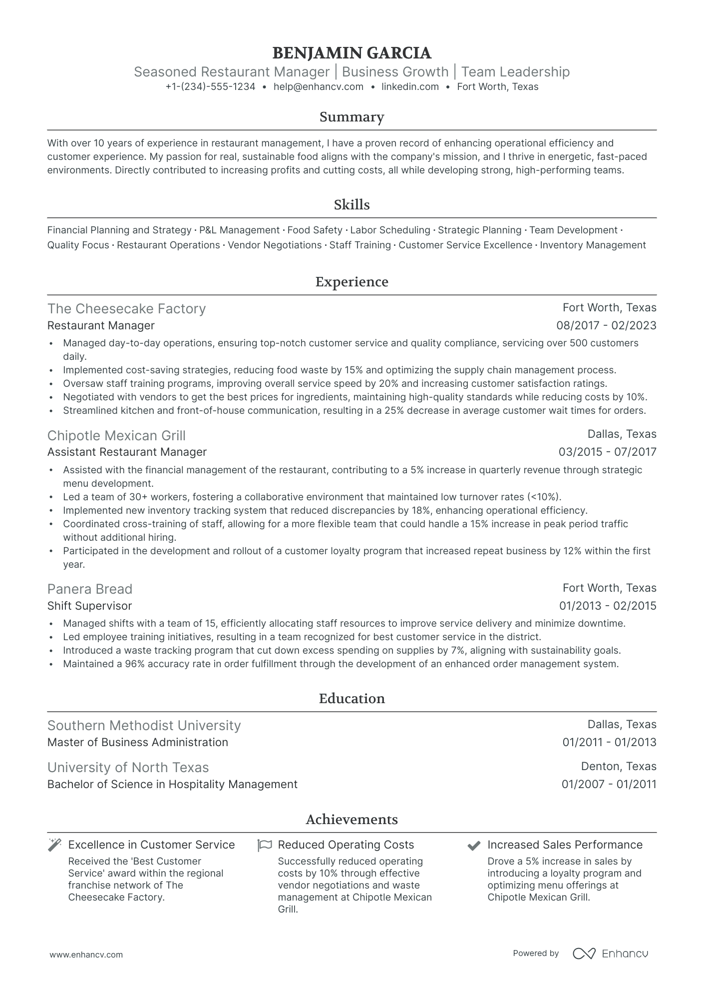 resume for restaurant general manager