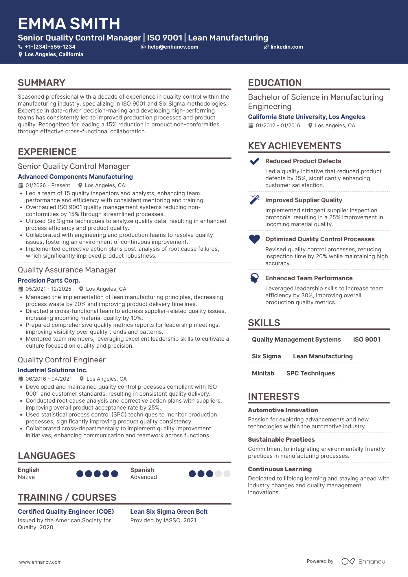 A resume example of a Senior Quality Control Manager