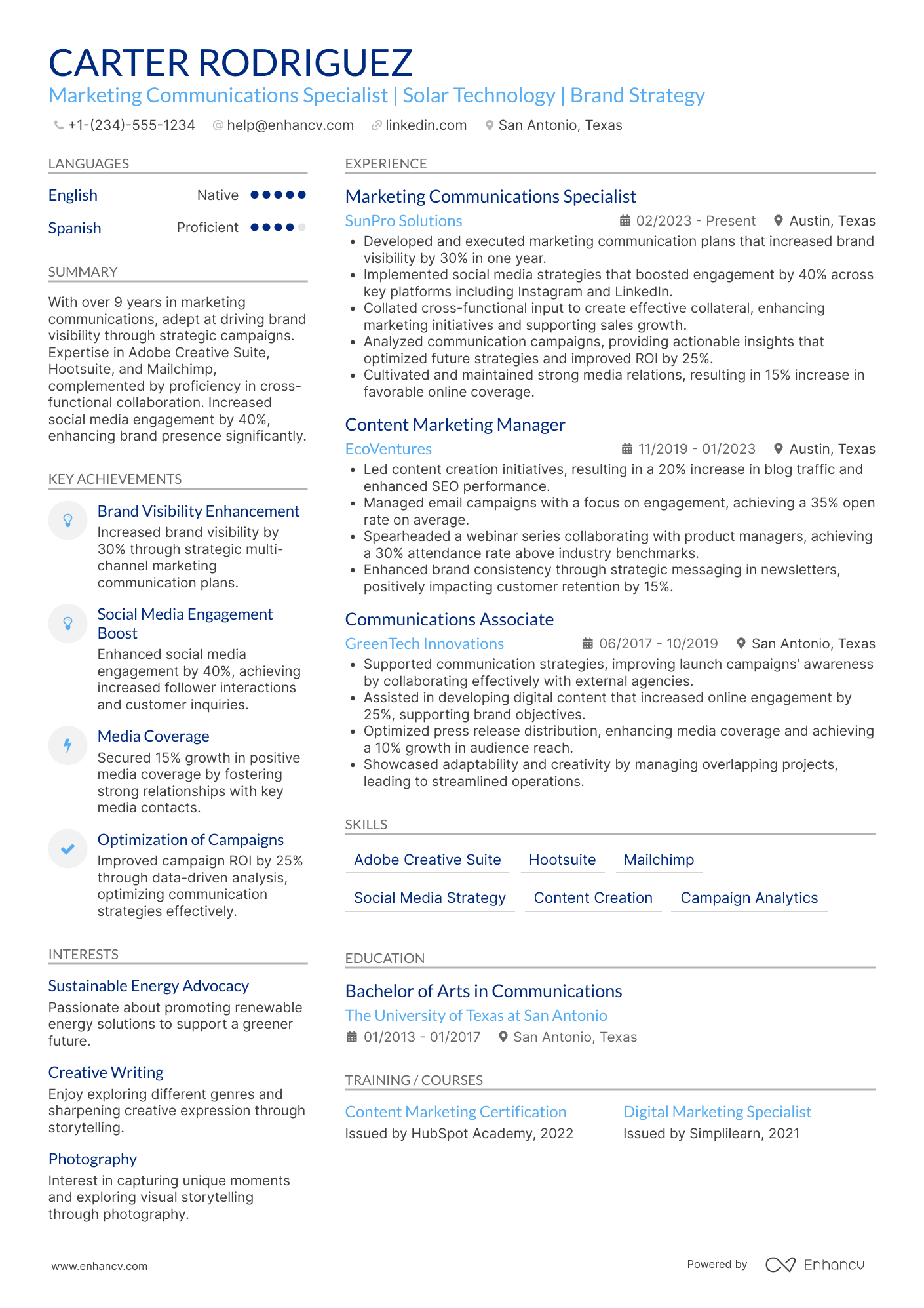 A resume example of a Marketing Communications Specialist