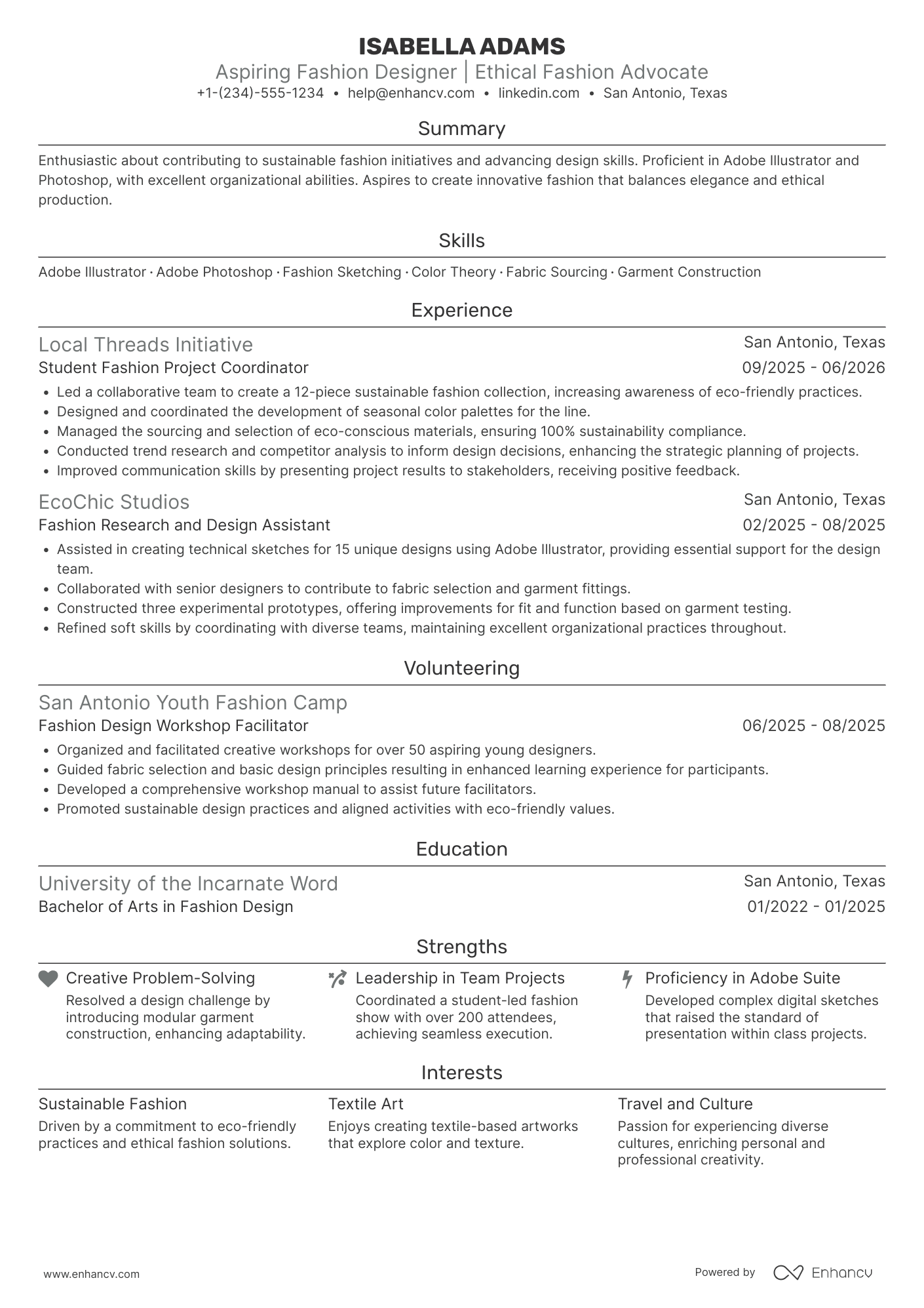 A resume example of a Fashion Design Intern