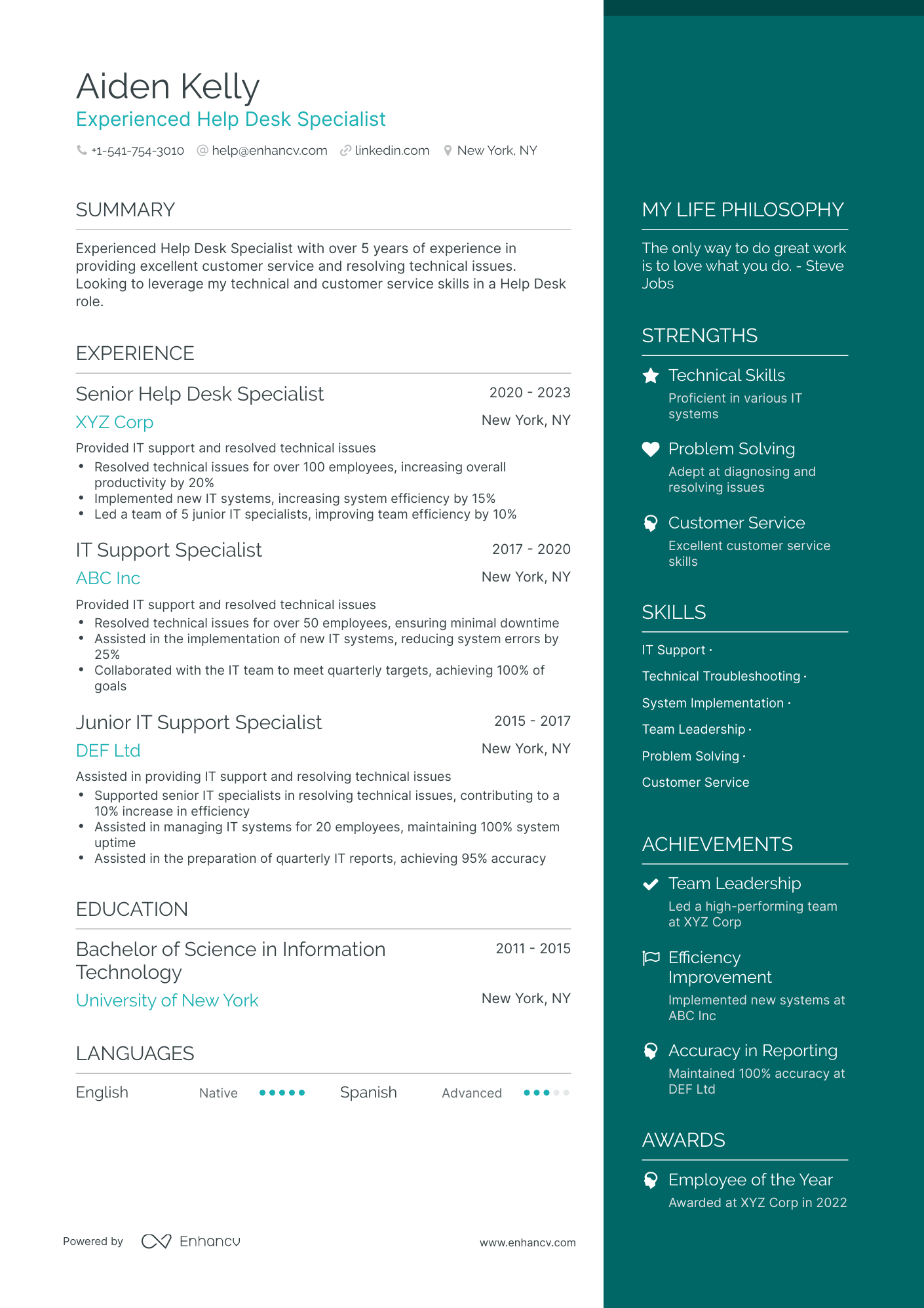 One Page IT Support Resume Template