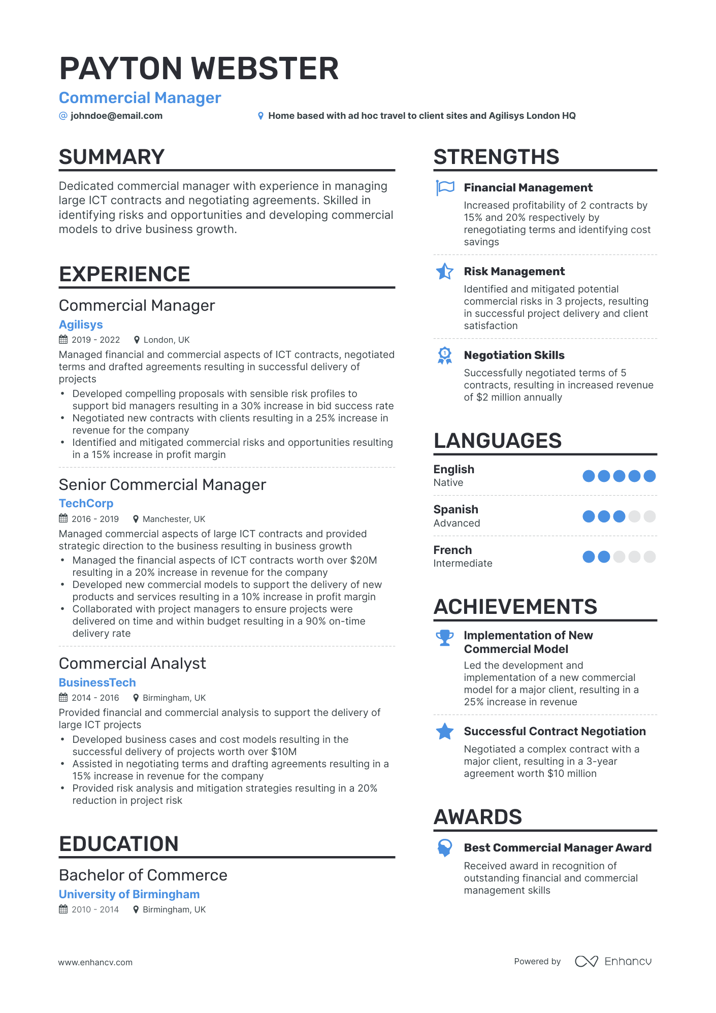 Simple Commercial Manager Resume Template