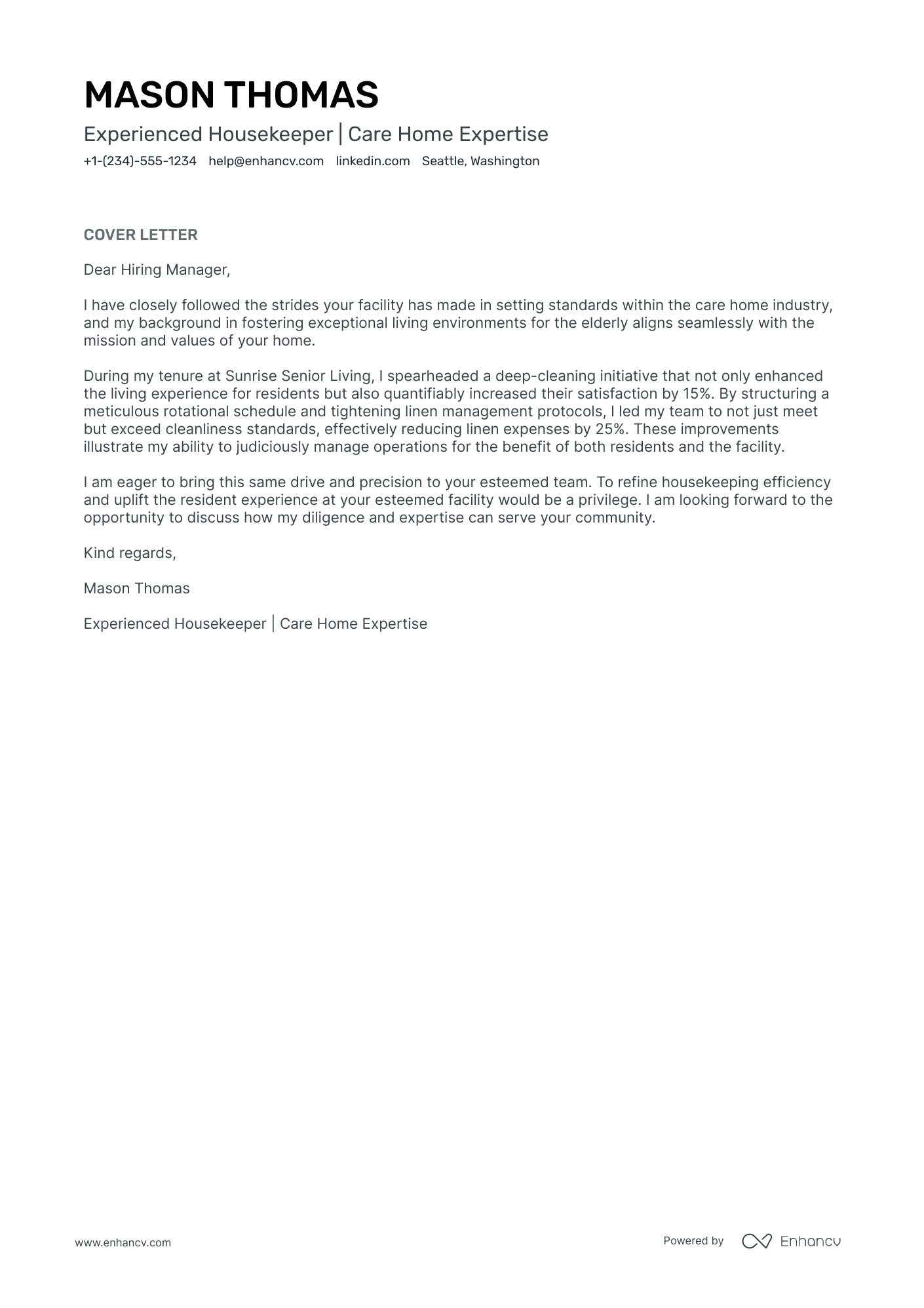 sample of housekeeping application letter