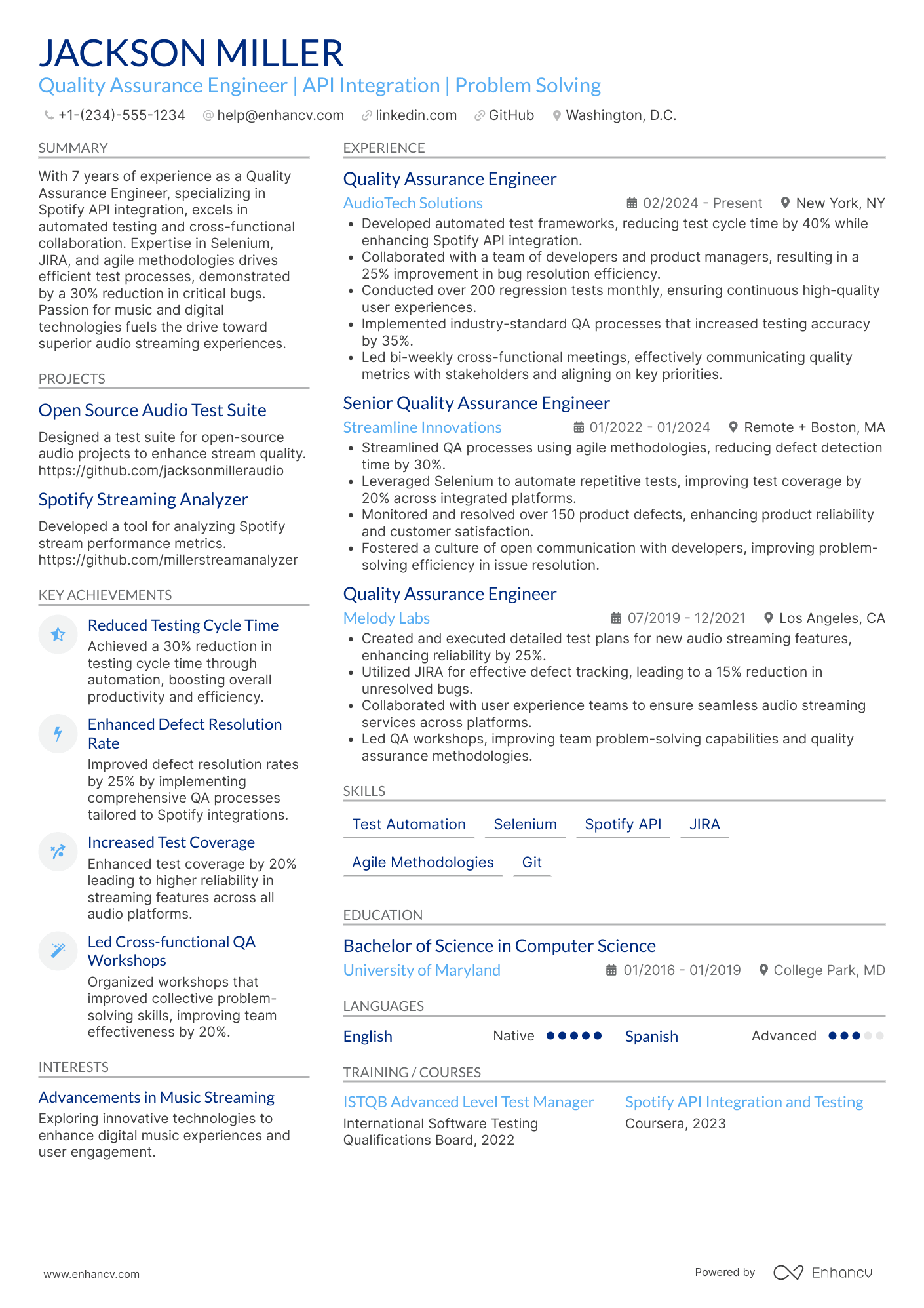 A resume example of a Spotify Quality Assurance Engineer