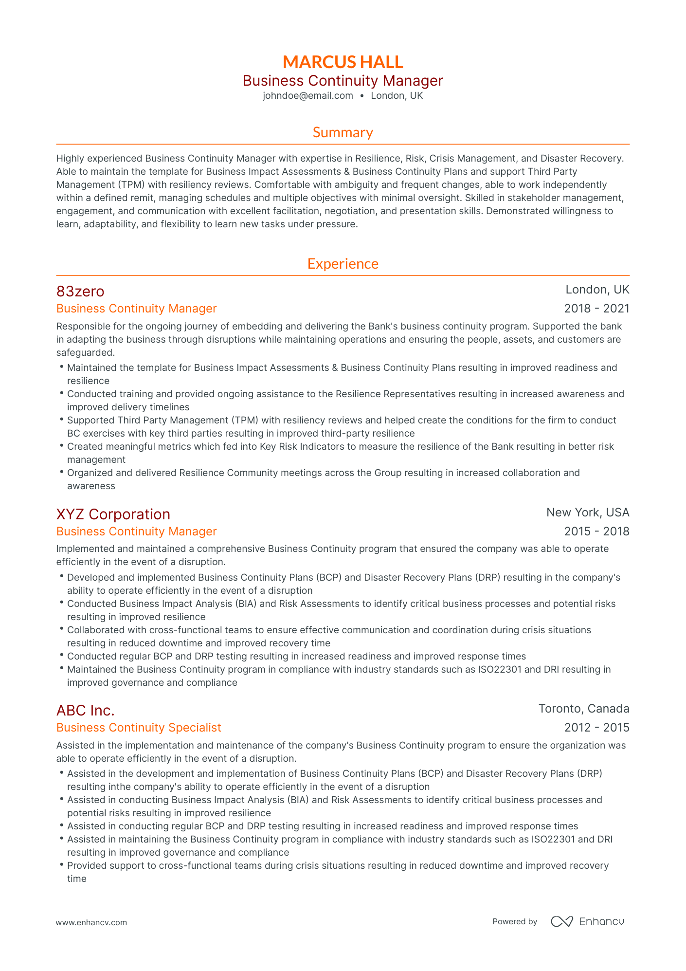 Traditional Business Continuity Manager Resume Template