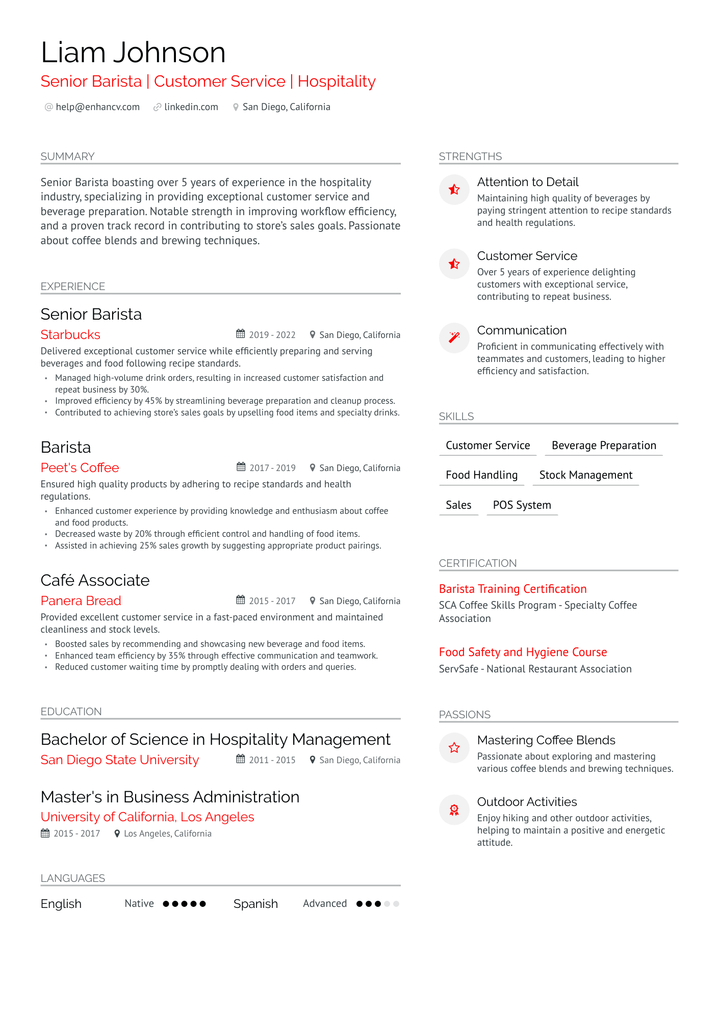 resume examples for a barista