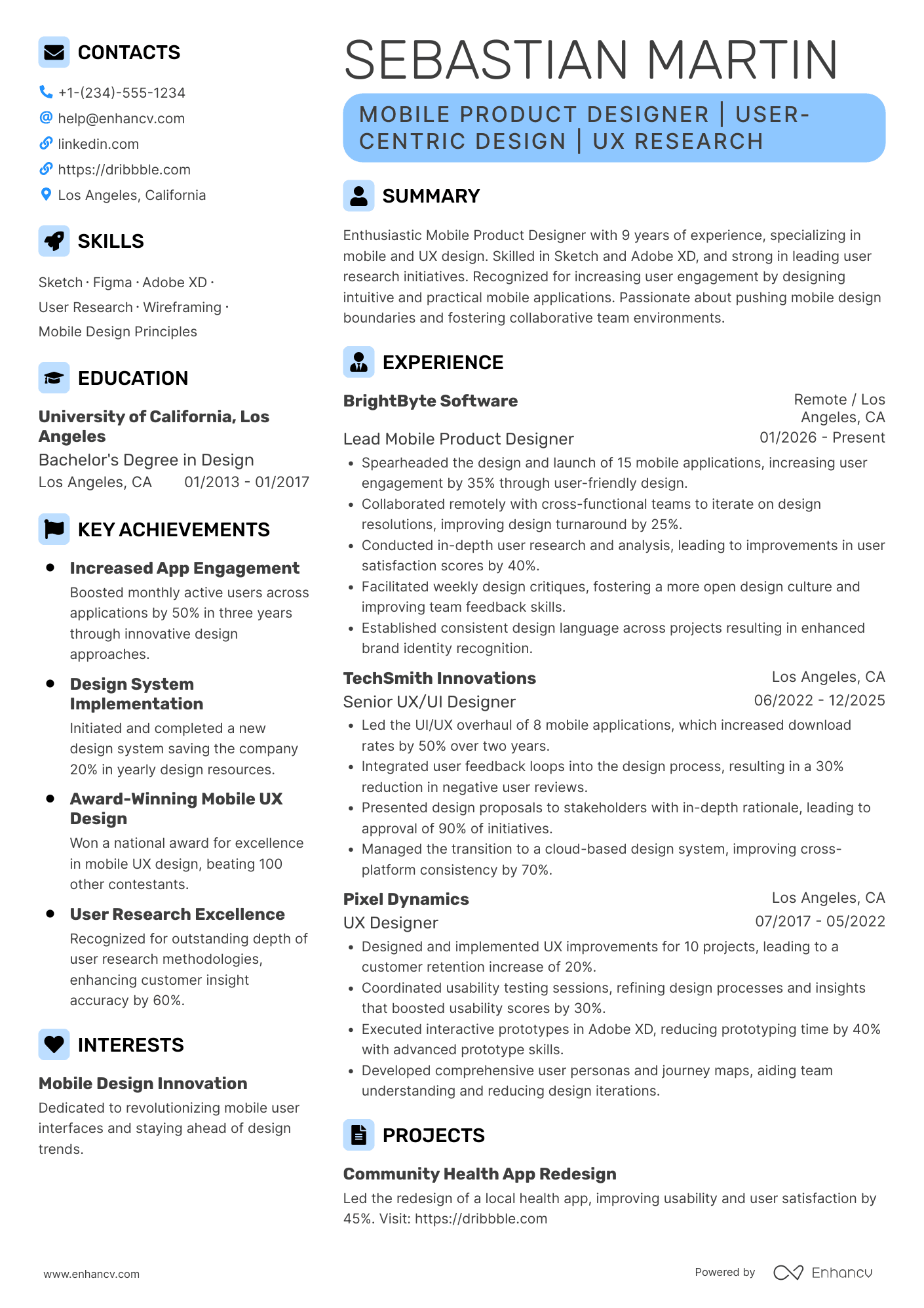 A resume example of a Mobile Product Designer