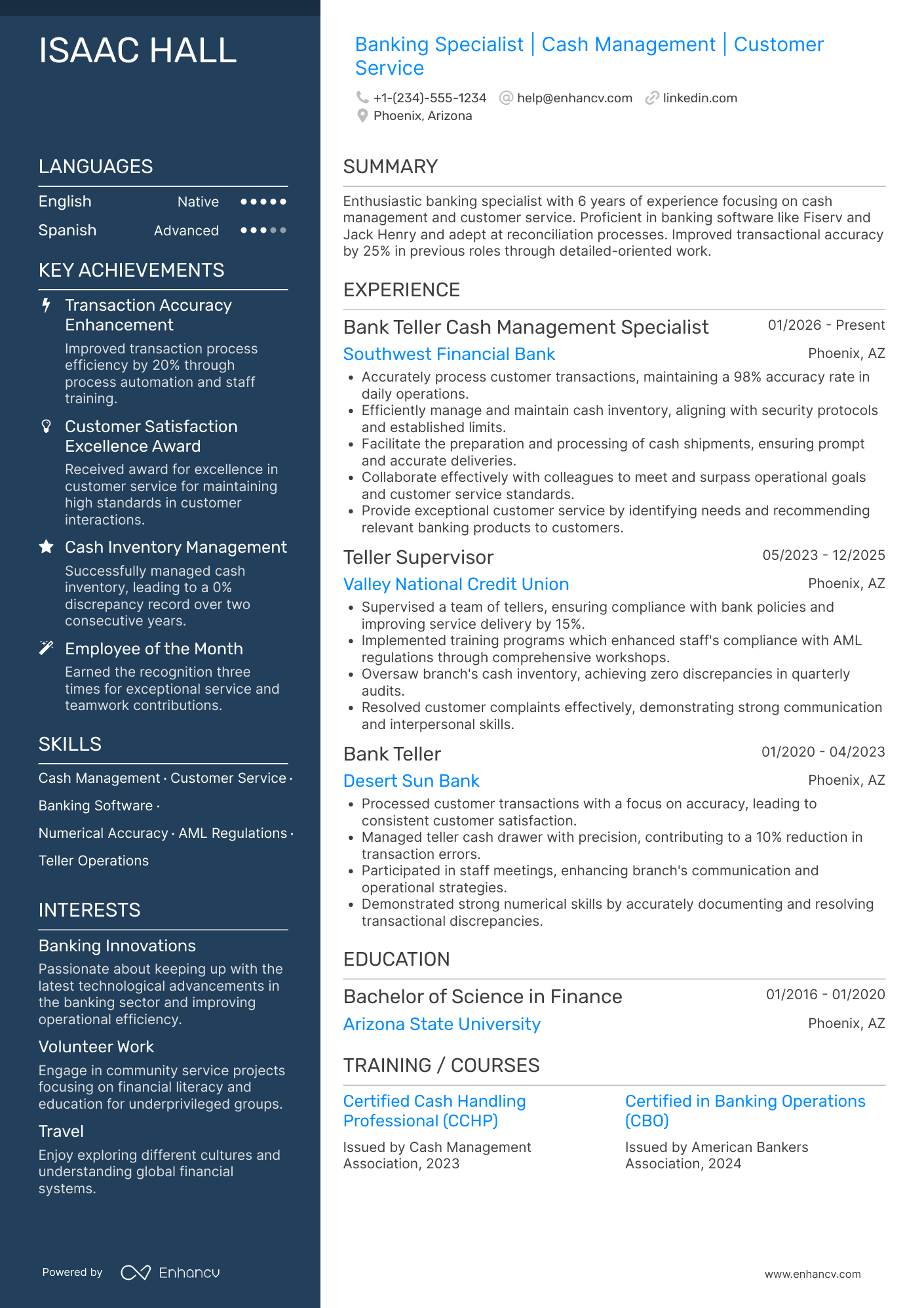 A resume example of a Bank Teller Cash Management Specialist