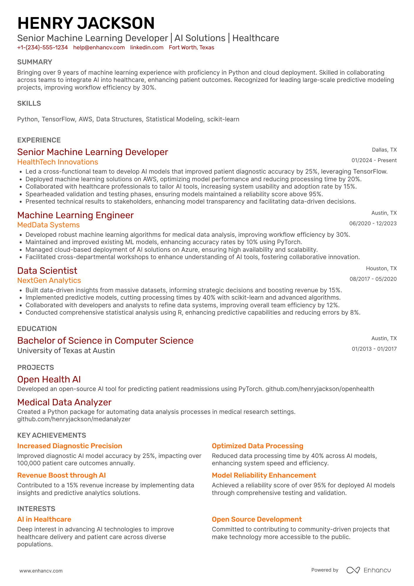 A resume example of a Machine Learning Developer
