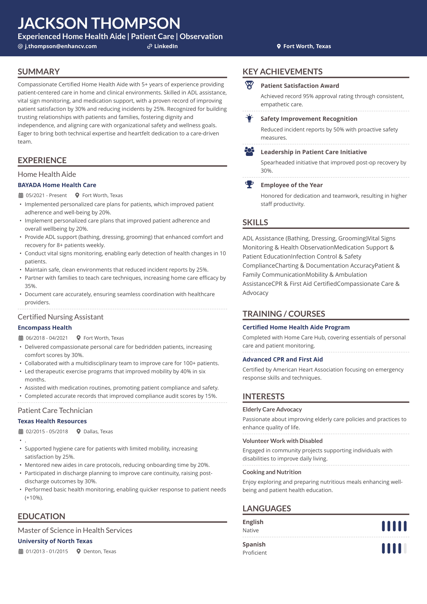 A resume example of a Certified Home Health Aide (CHHA)