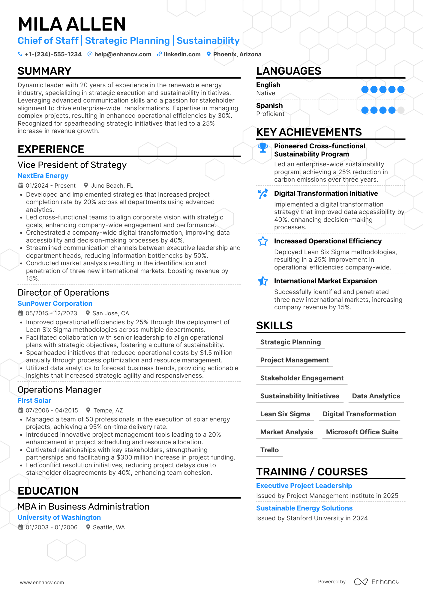 A resume example of a Chief of Staff to the Chairman