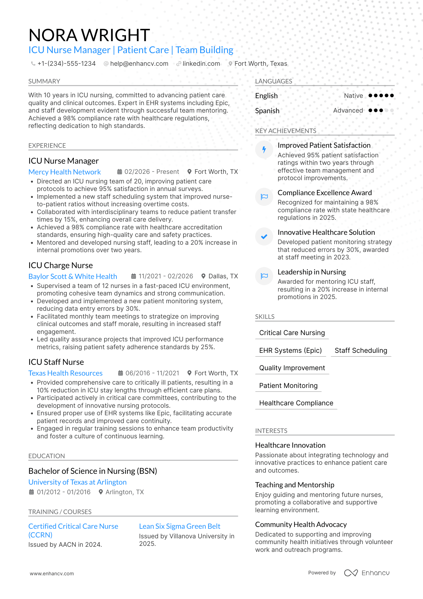 A resume example of a Intensive Care Unit Nurse Manager