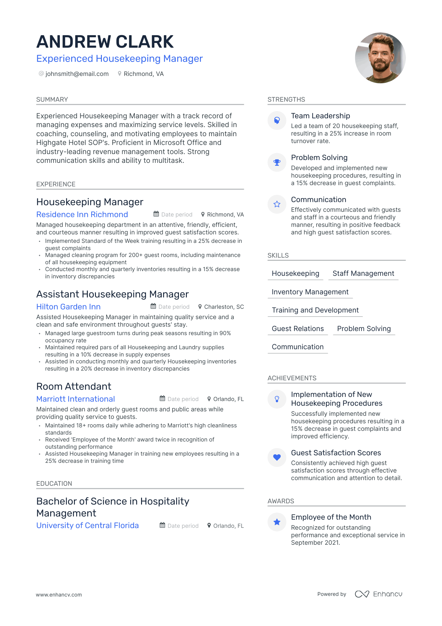 Modern Housekeeping Manager Resume Template