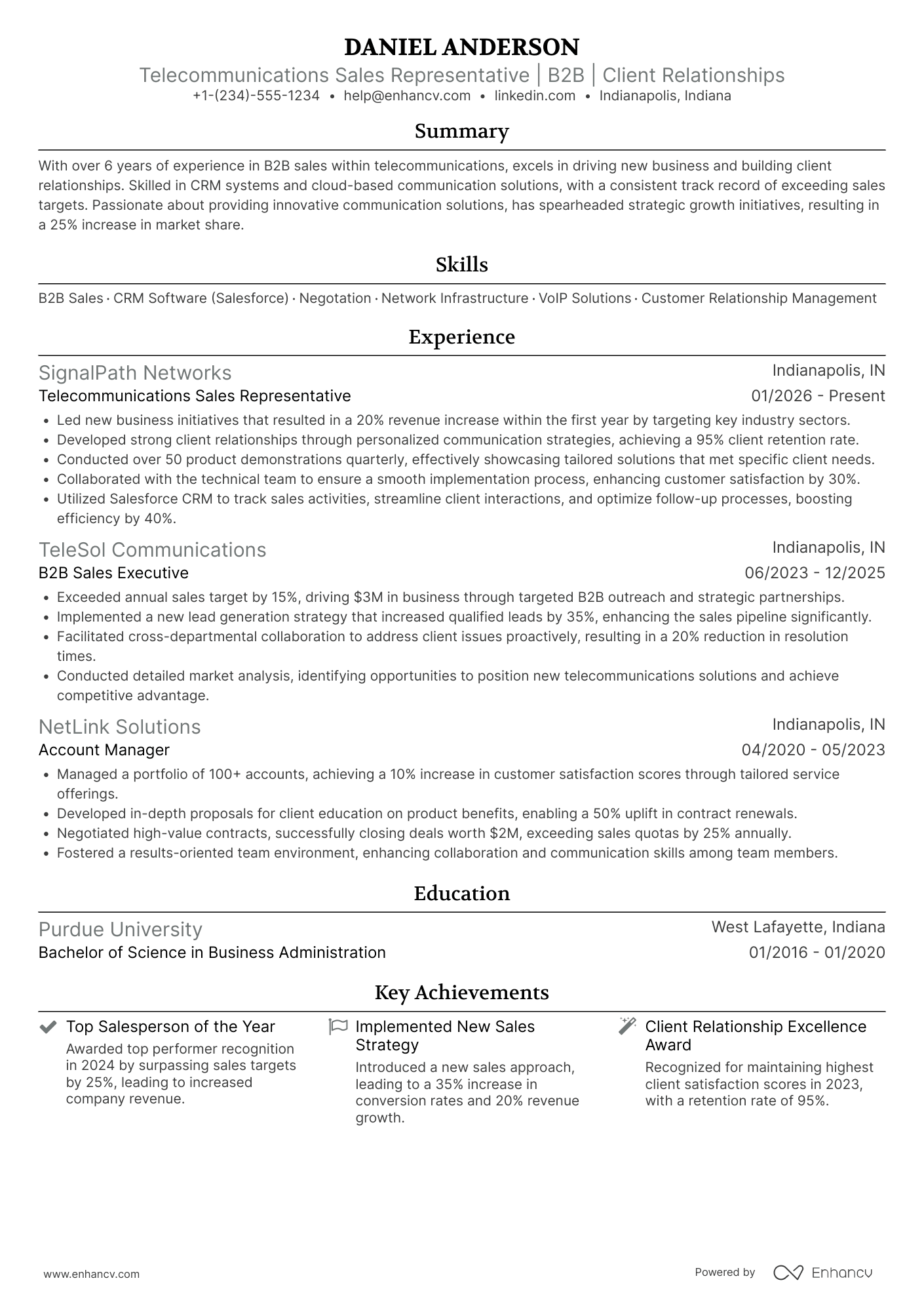 A resume example of a Telecommunications Sales Representative