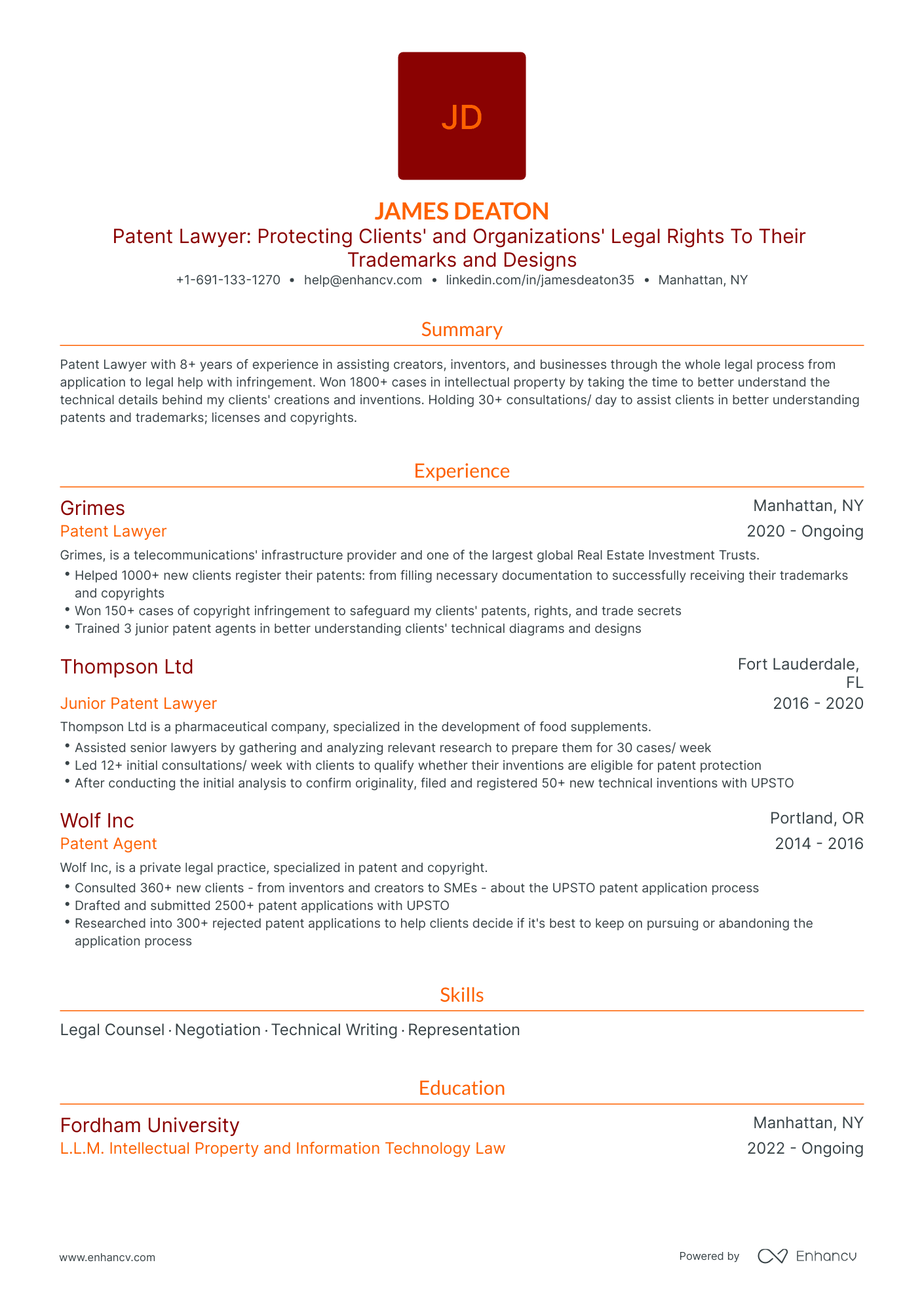 Traditional Patent Lawyer Resume Template