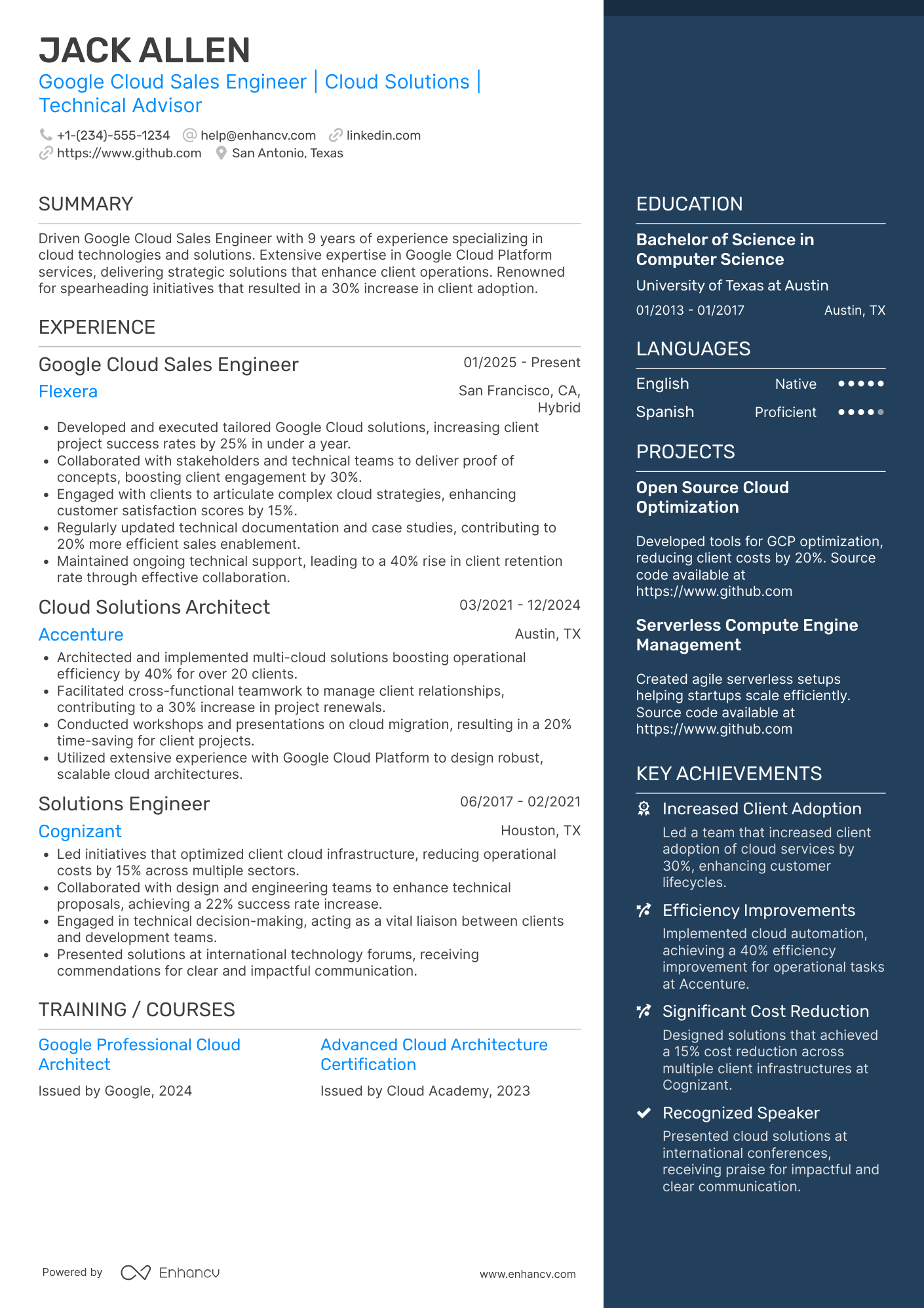 A resume example of a Google Cloud Sales Engineer