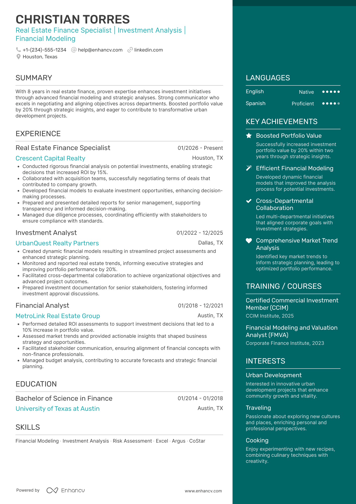 A resume example of a Real Estate Finance Specialist