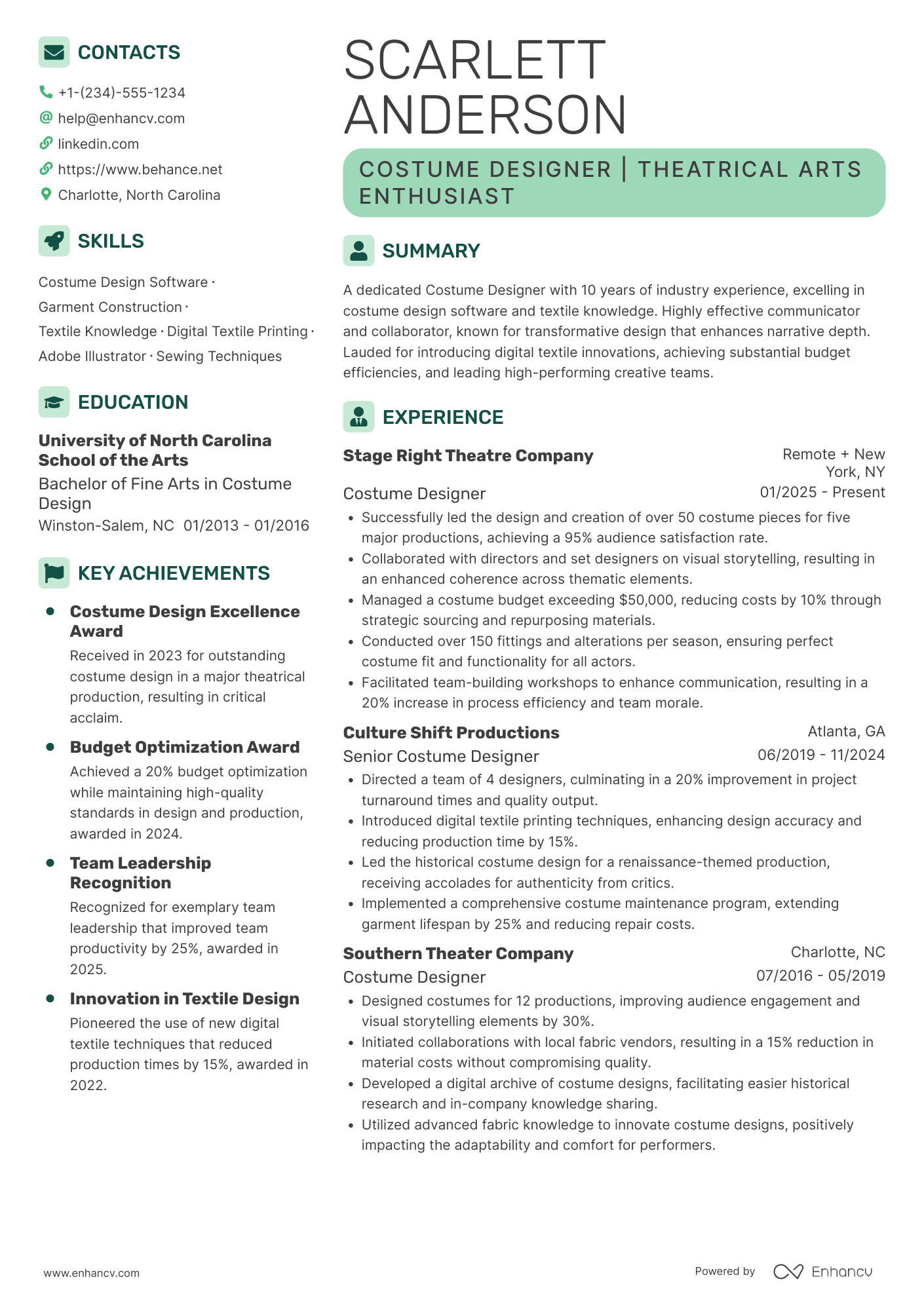 A resume example of a Costume Designer