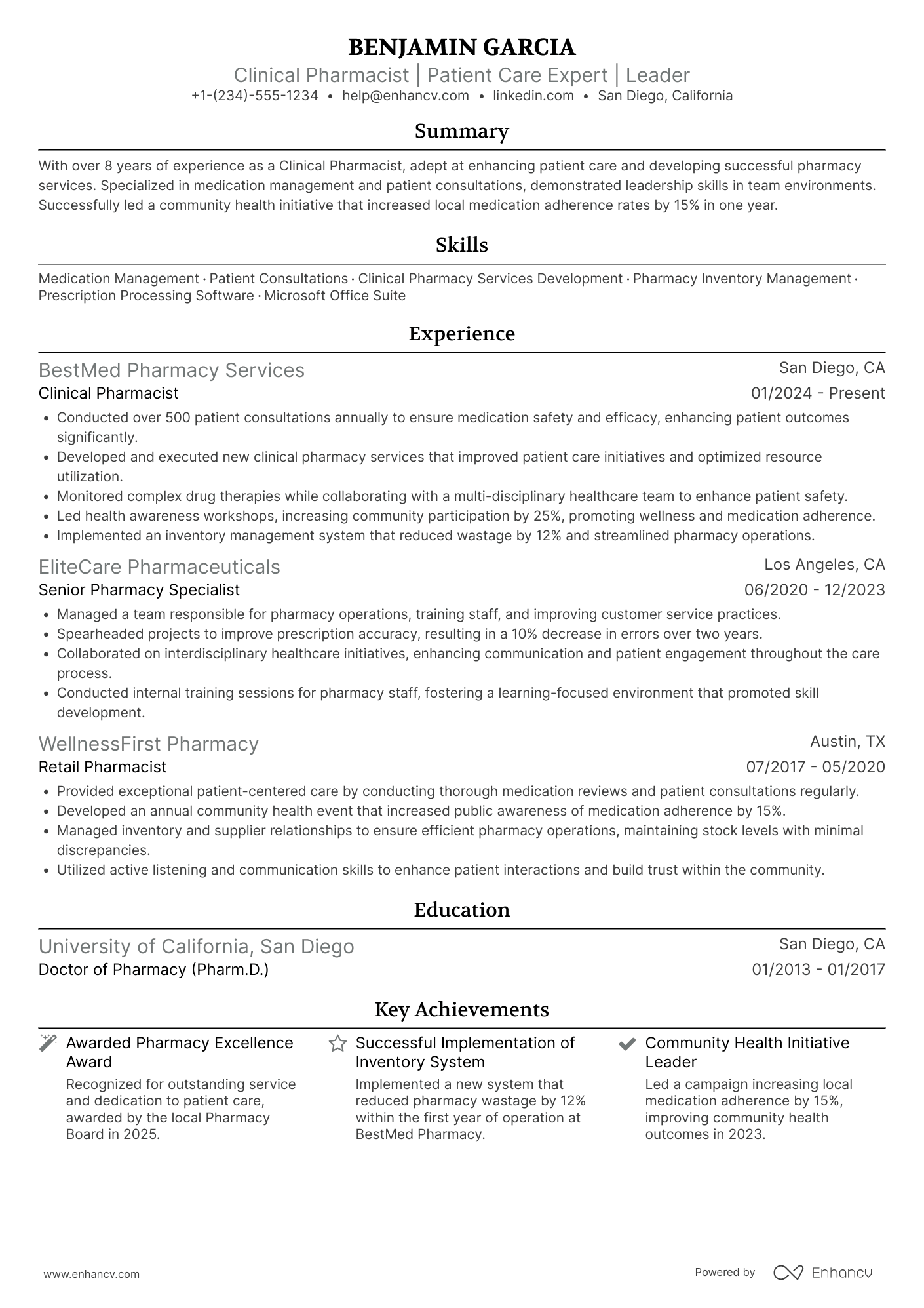 A resume example of a Retail Pharmacy Resident
