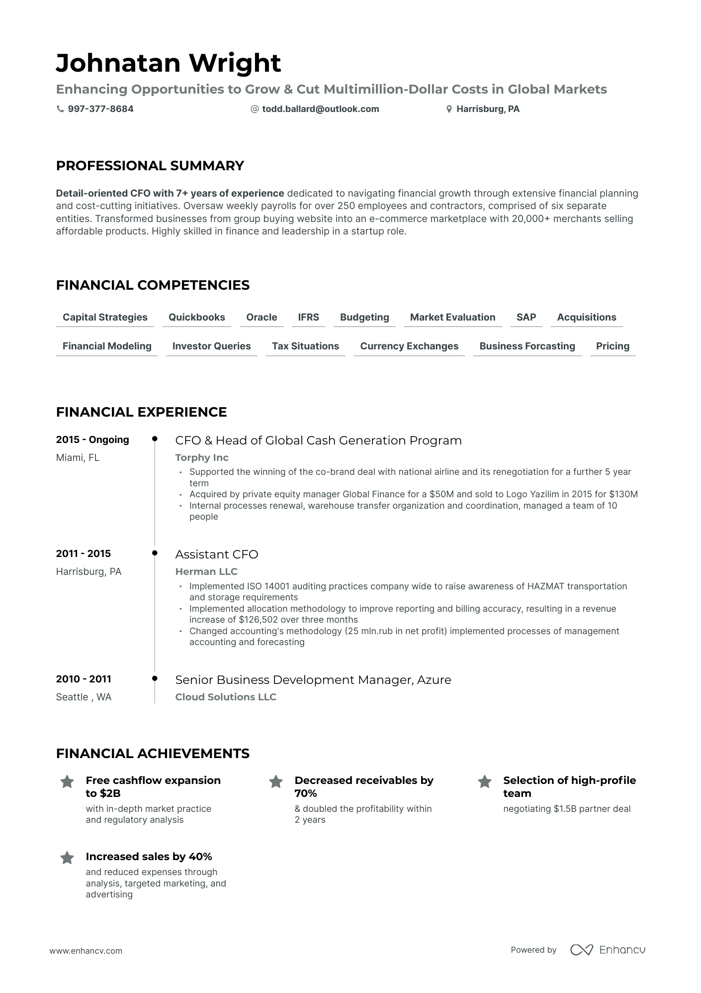 Timeline Chief Financial Officer Resume Template