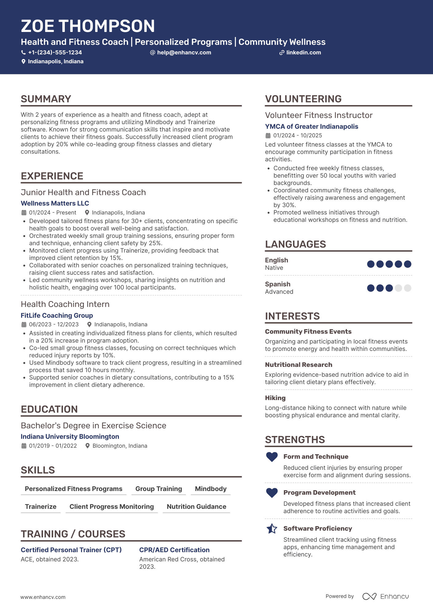 A resume example of a Junior Health and Fitness Coach