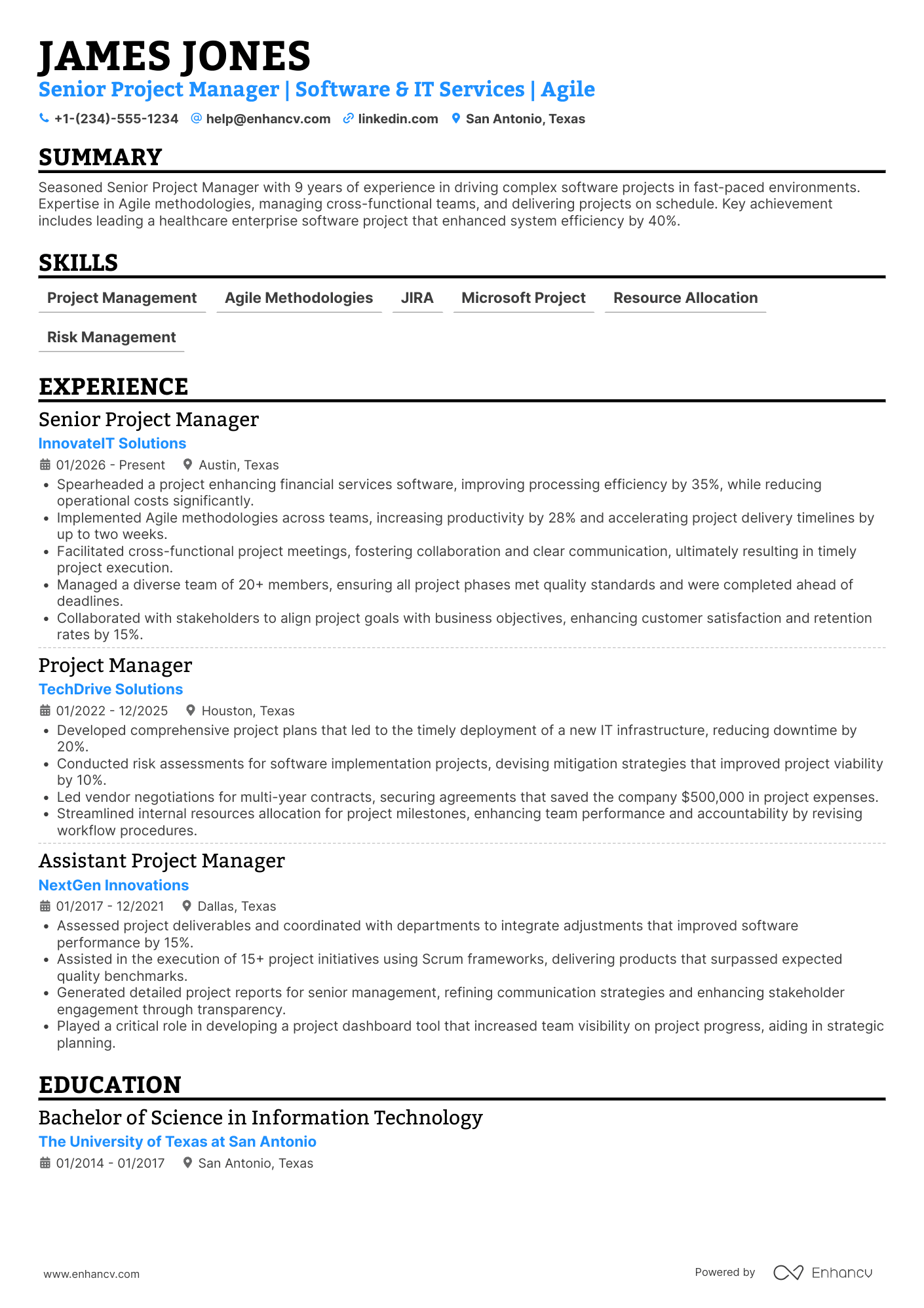 A resume example of a Senior Project Manager