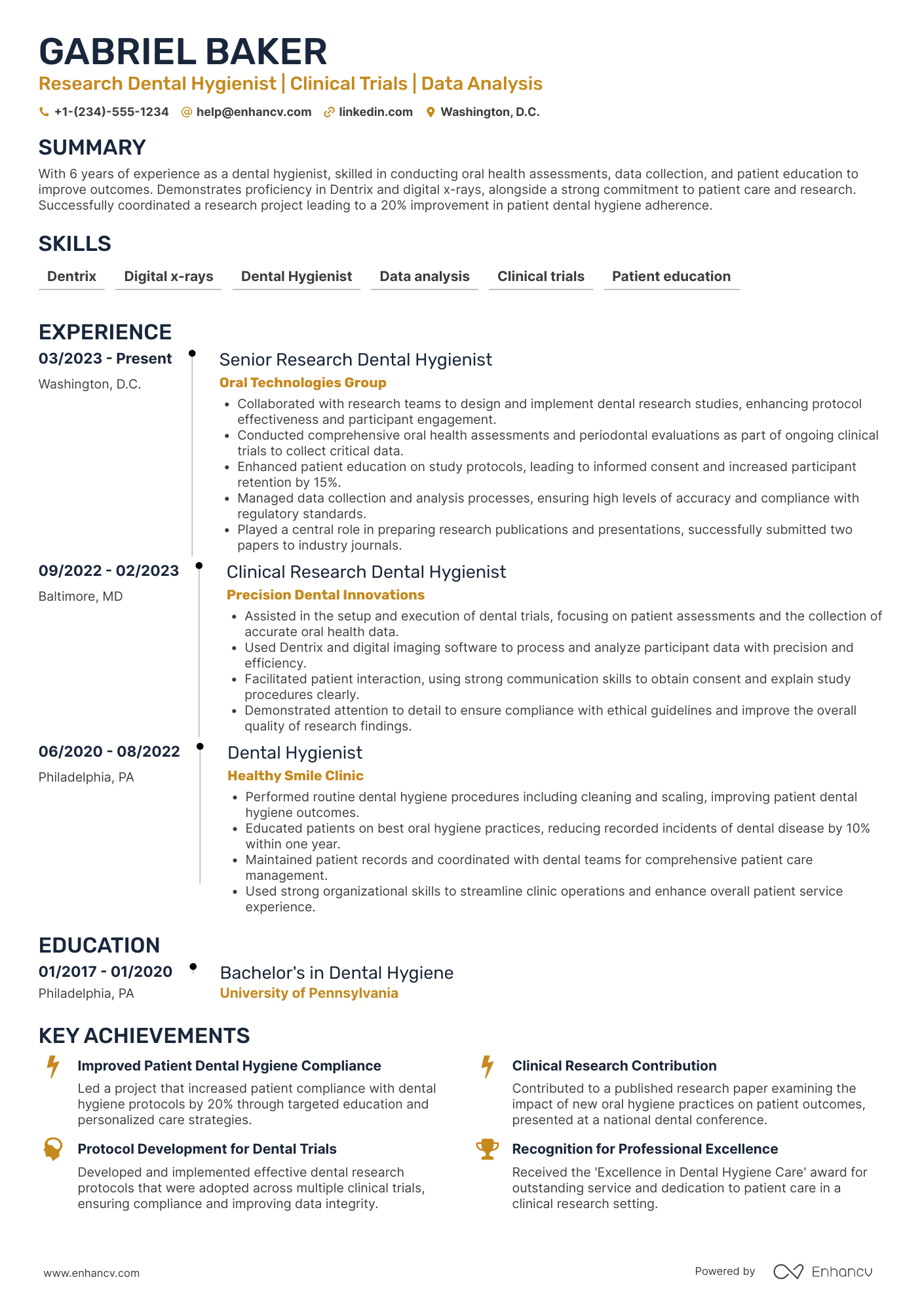 A resume example of a Research Dental Hygienist