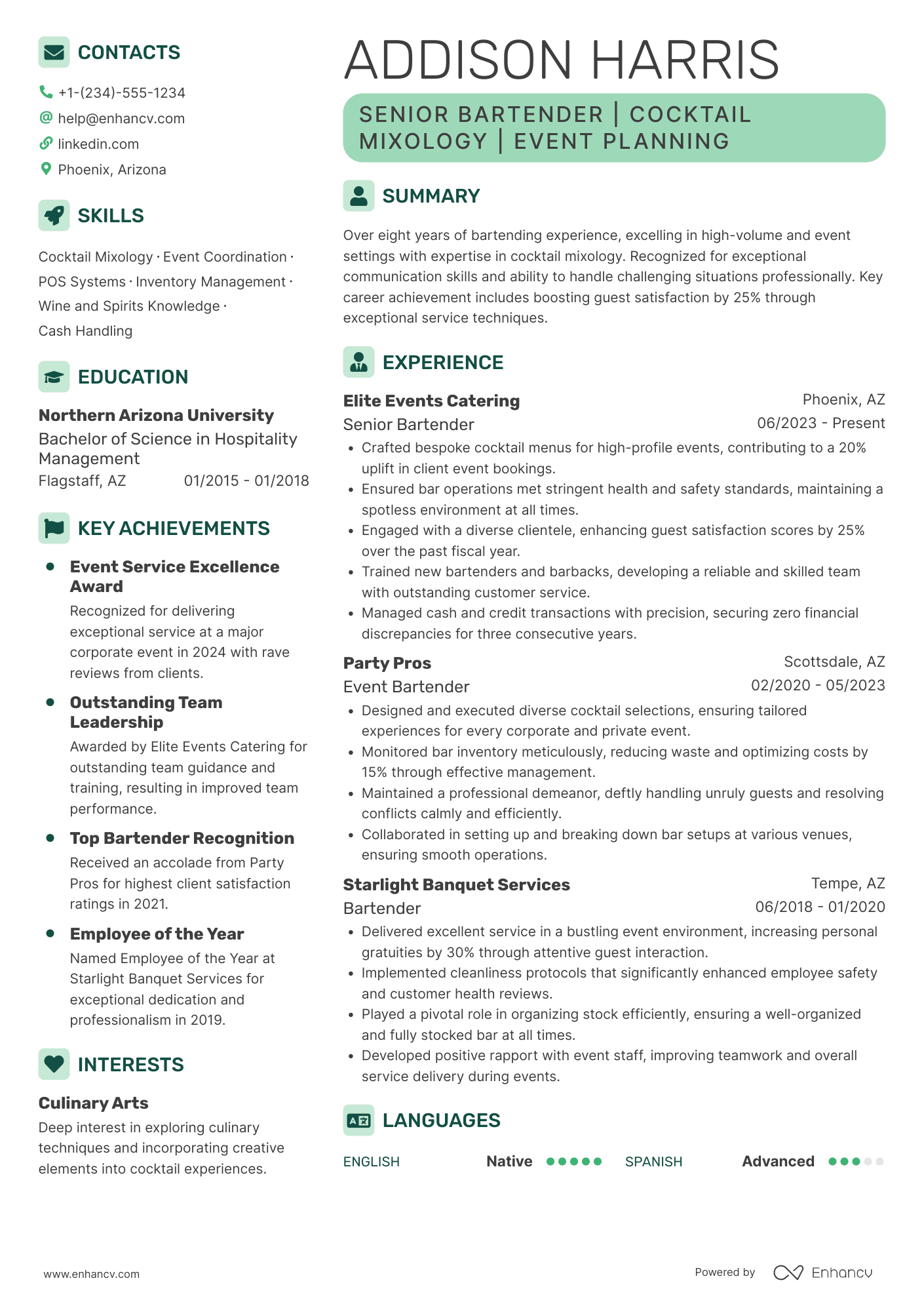 A resume example of a Event Bartender