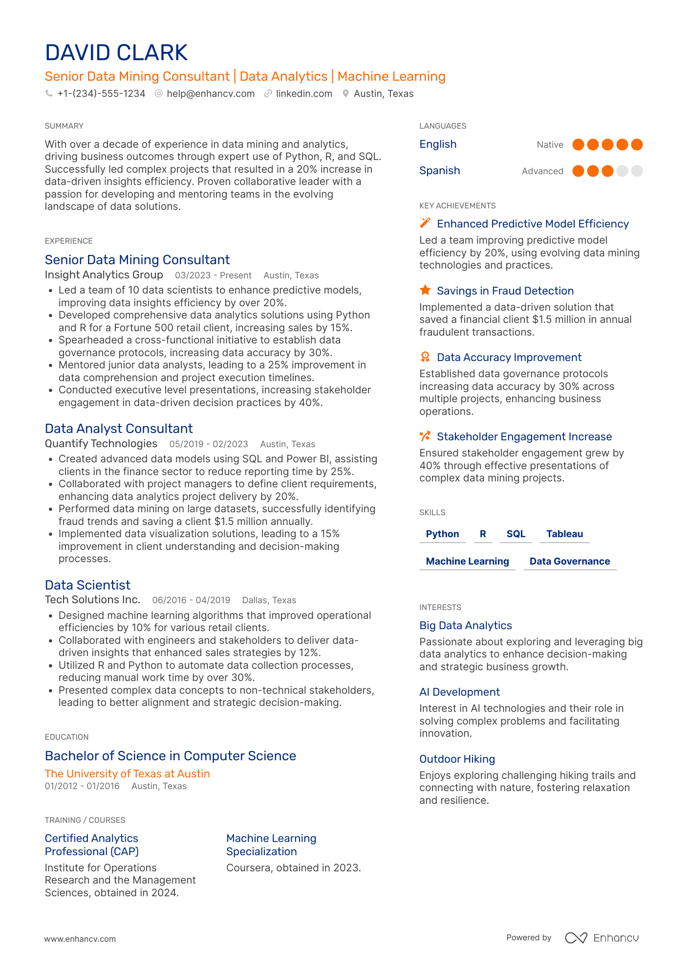 A resume example of a Senior Data Mining Consultant