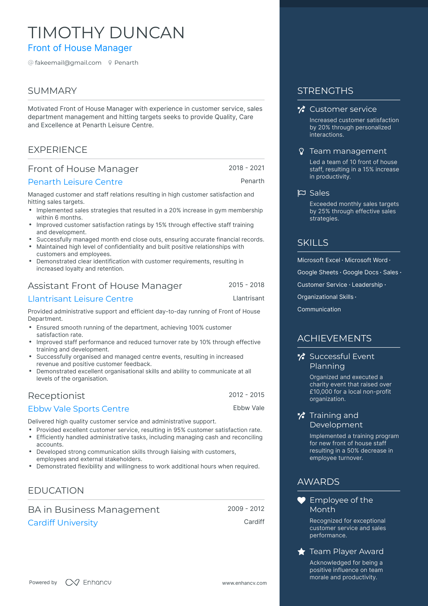 One Page Front of House Manager Resume Template