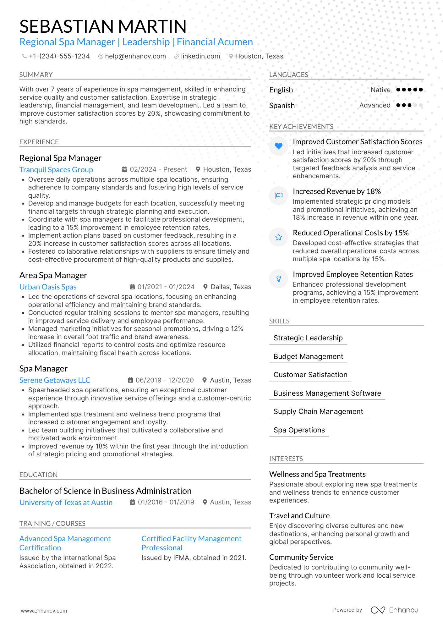 A resume example of a Regional Spa Manager
