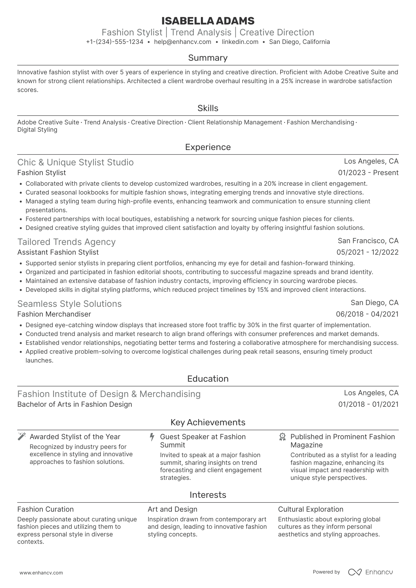 A resume example of a Fashion Stylist