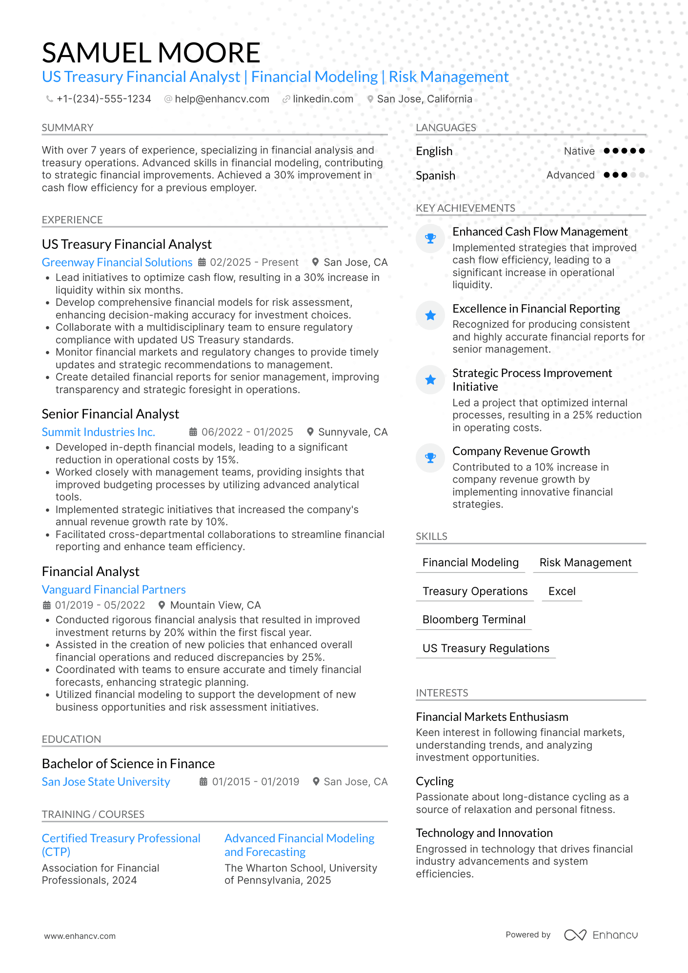 A resume example of a US Treasury Financial Analyst