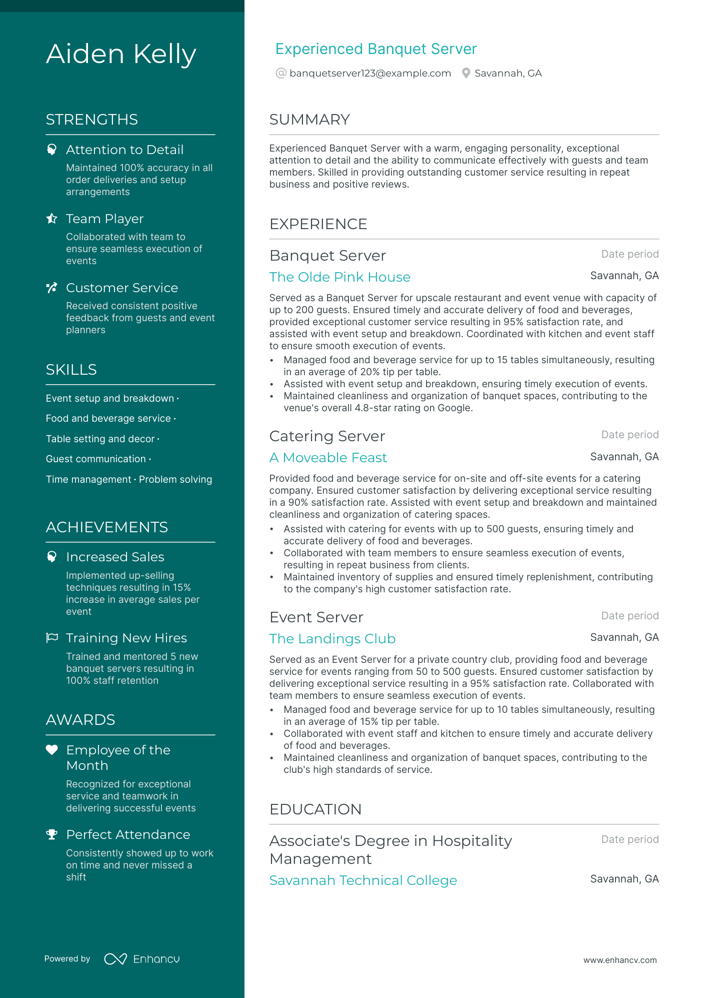 A resume example of a Banquet Server