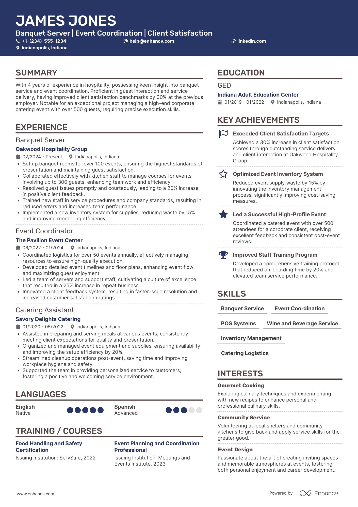 A resume example of a Banquet Server