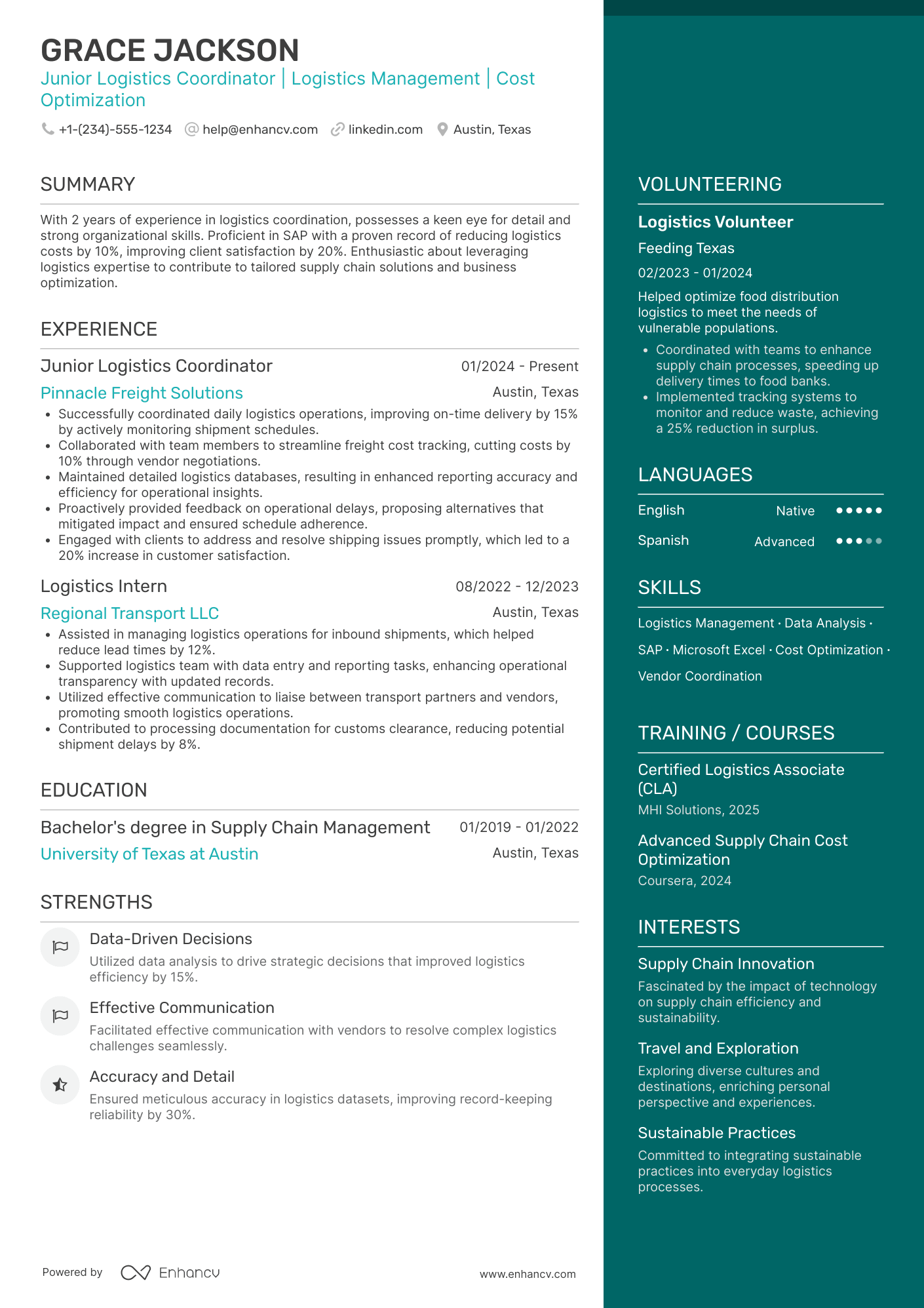 A resume example of a Junior Logistics Coordinator