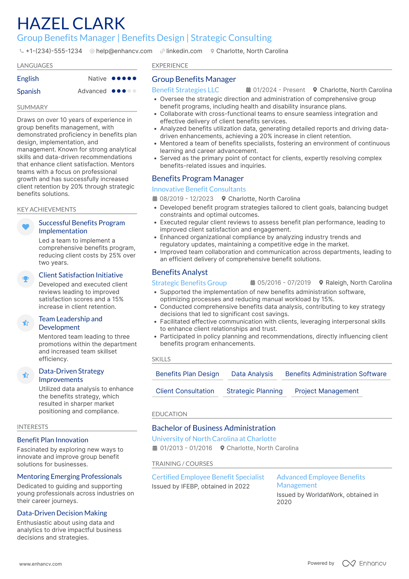 A resume example of a Group Benefits Manager