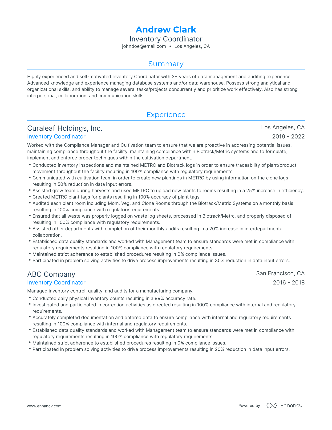 Traditional Inventory Resume Template