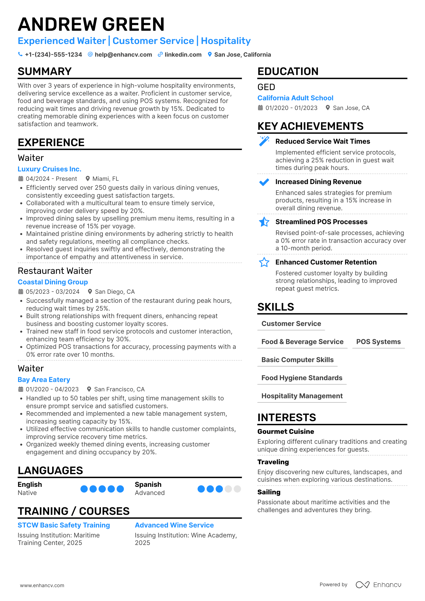 A resume example of a Cruise Ship Waiter