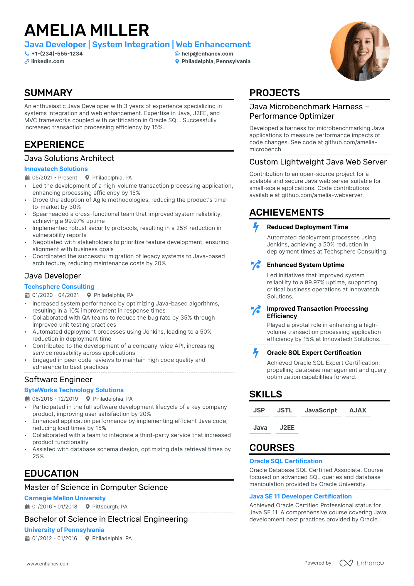 A resume example of a J2EE Developer