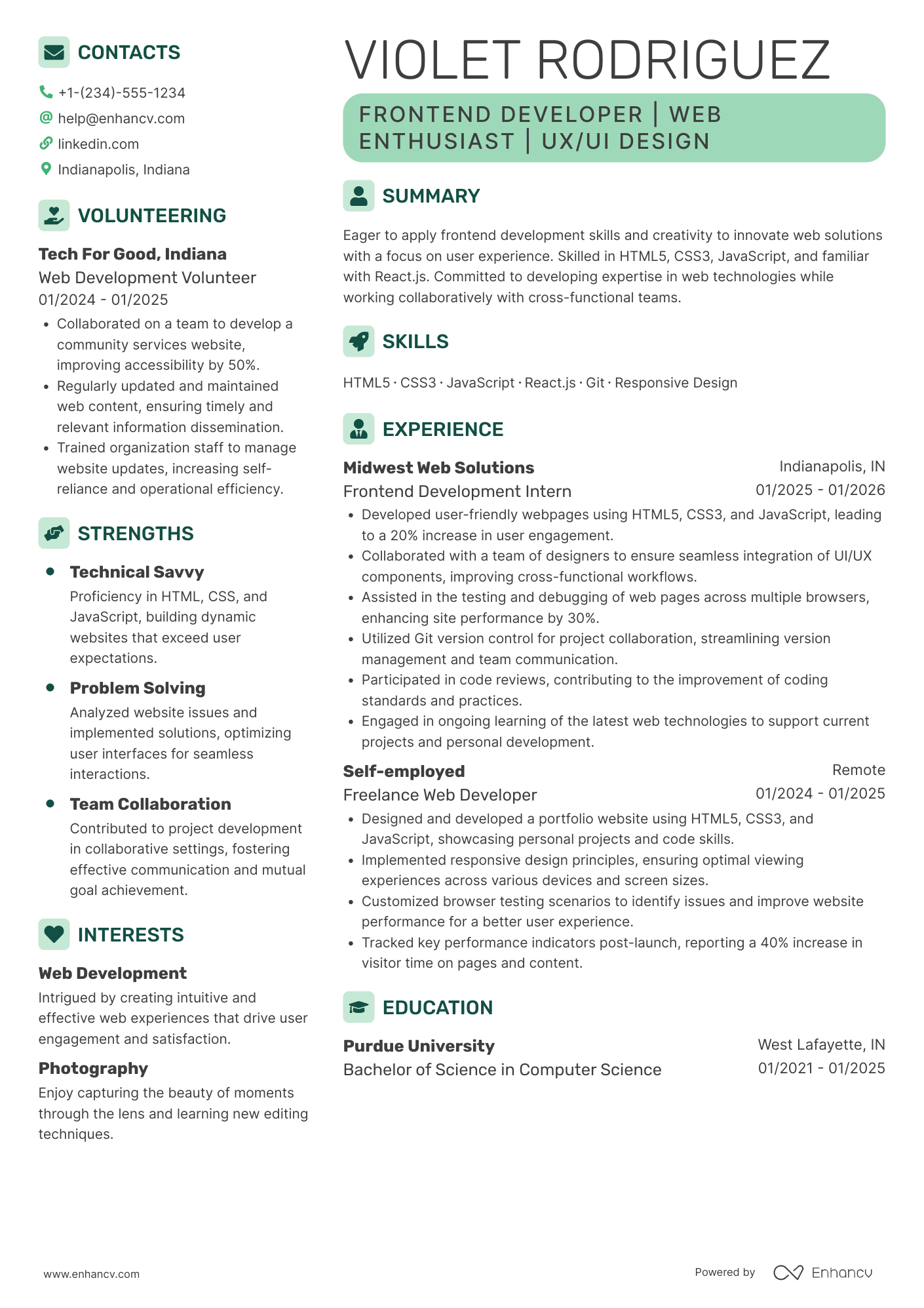 A resume example of a Entry Level Frontend Developer
