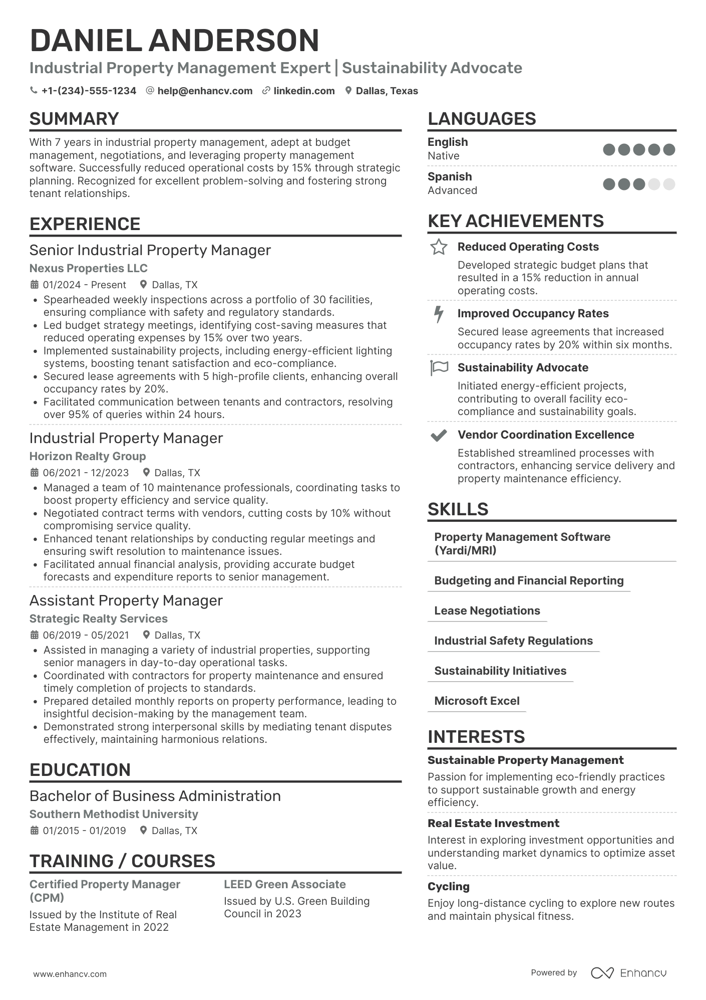 A resume example of a Industrial Property Manager