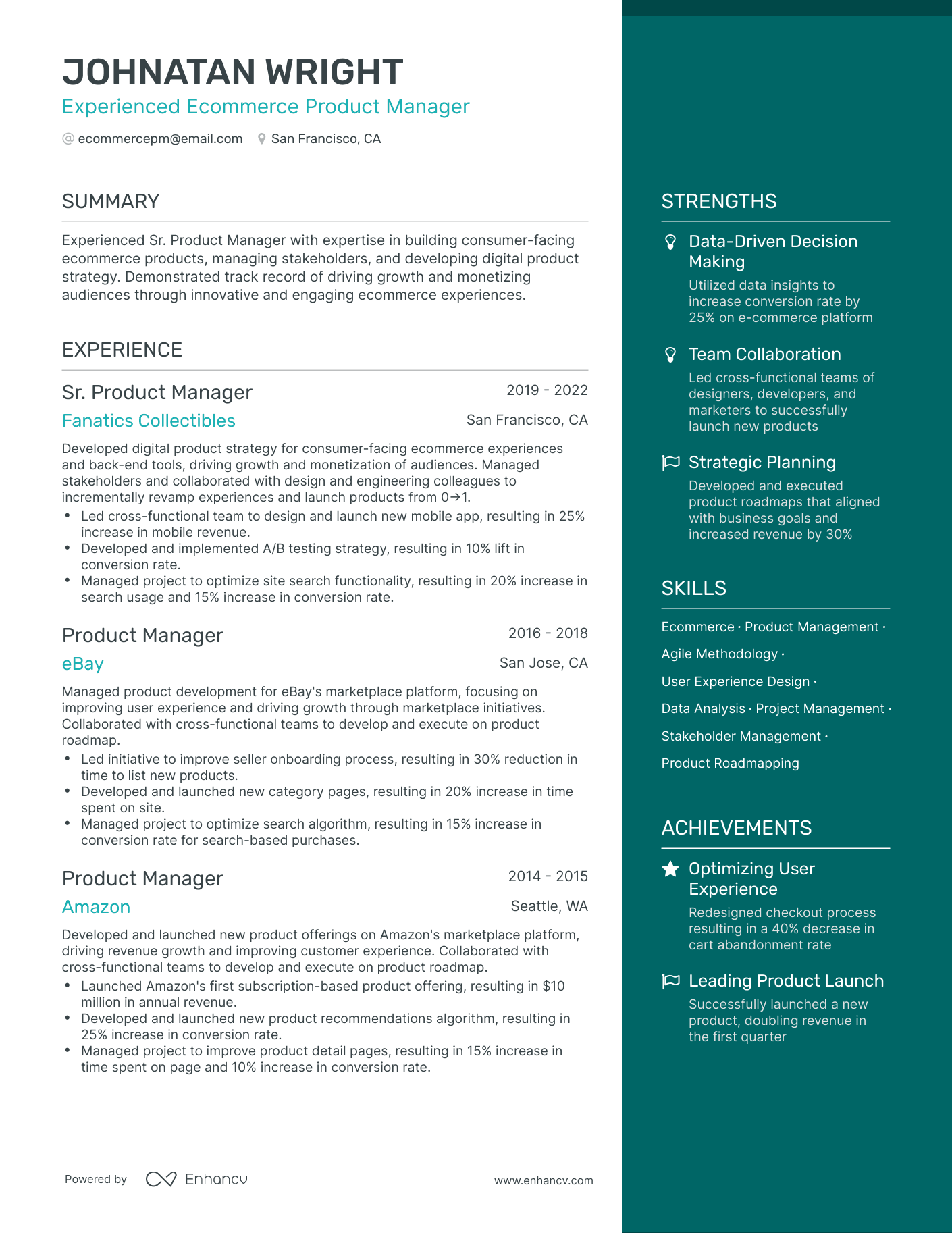 One Page Ecommerce Product Manager Resume Template