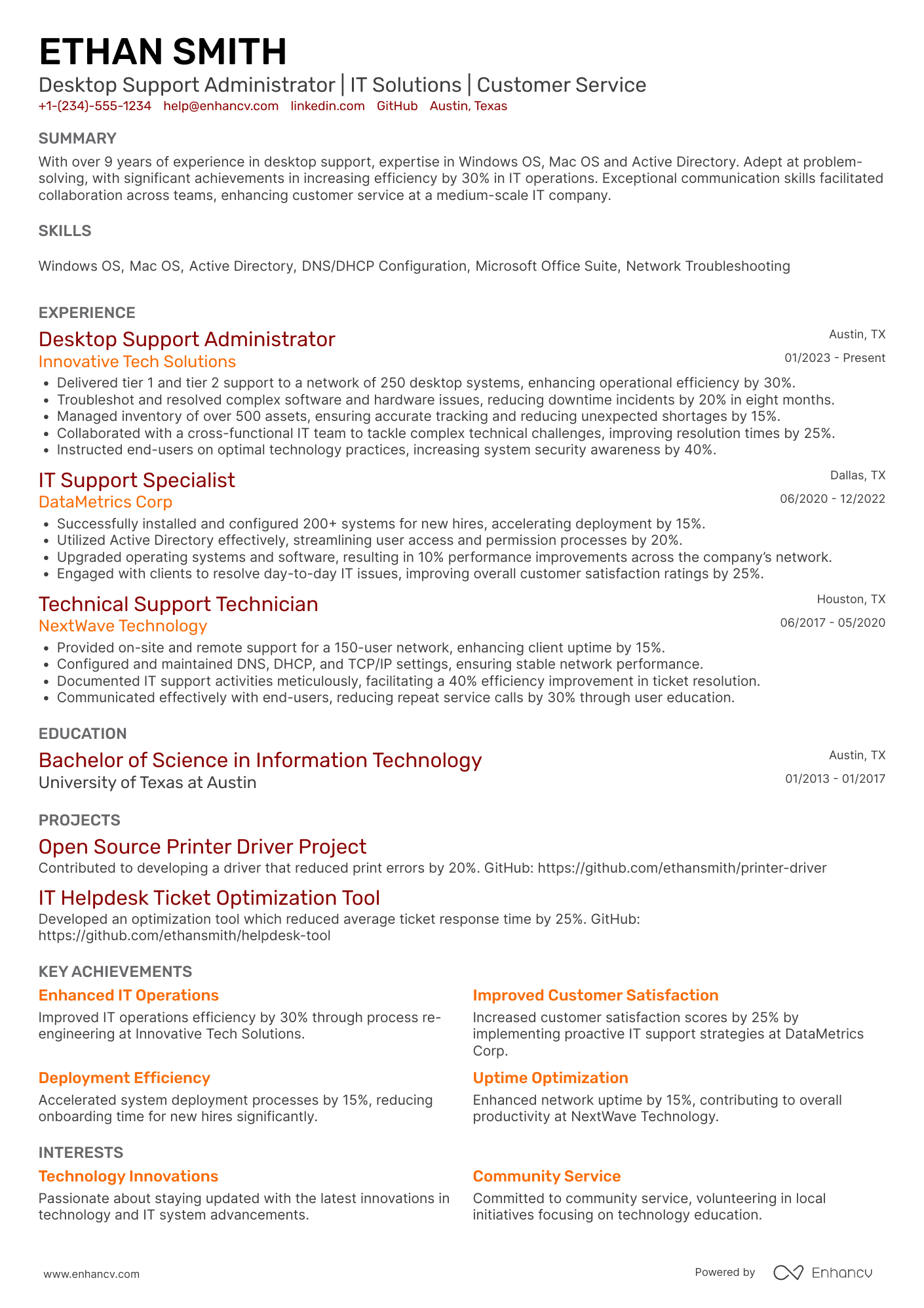 A resume example of a Desktop Support Administrator
