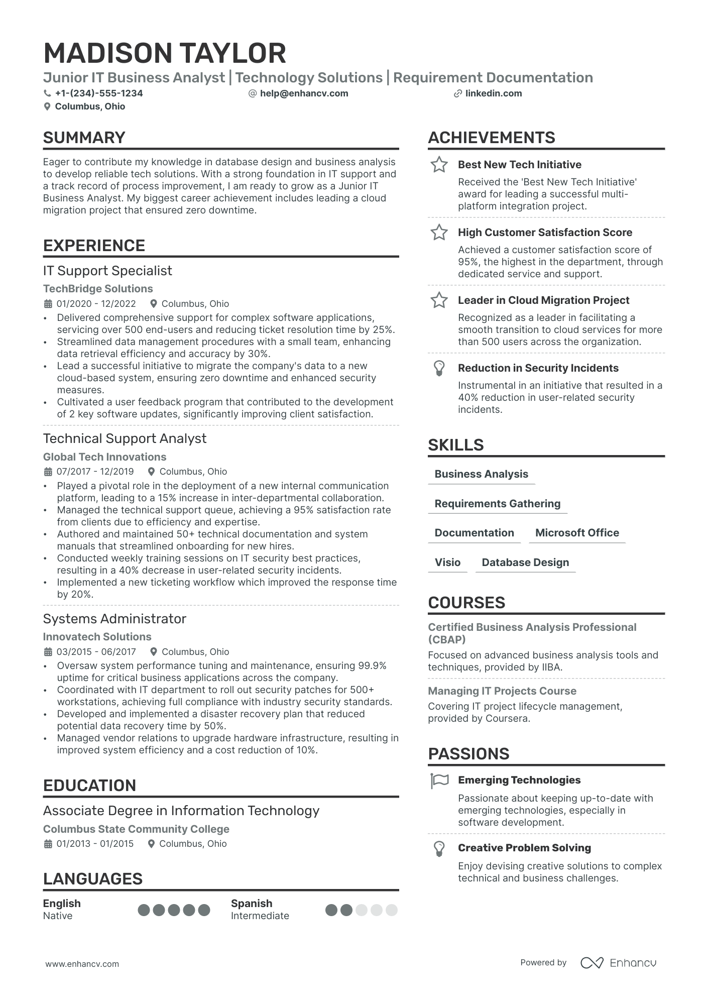 sample resume for technical business analyst